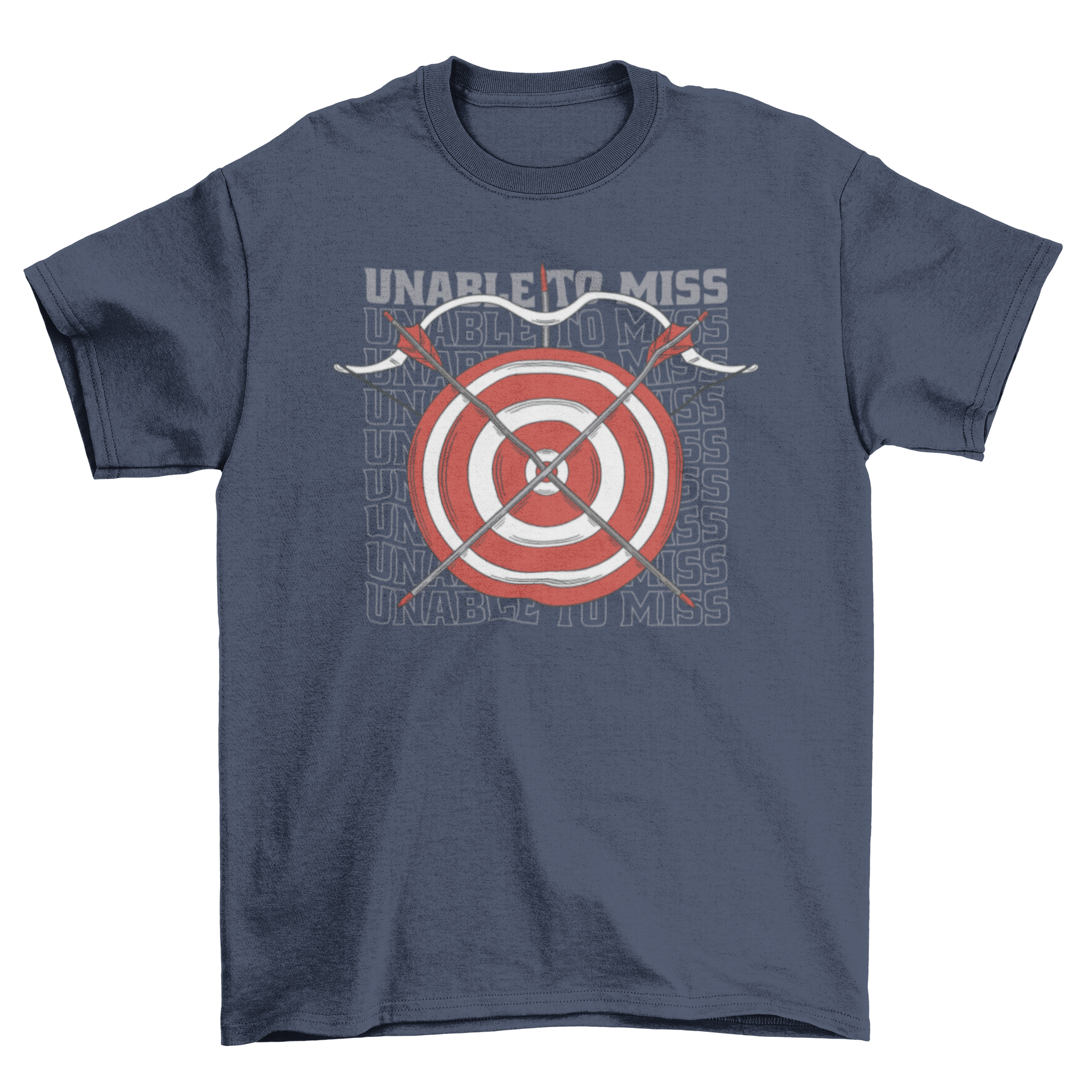 A stylish t-shirt featuring an archery target design with two arrows and the quote 'Unable to miss', perfect for archery enthusiasts.