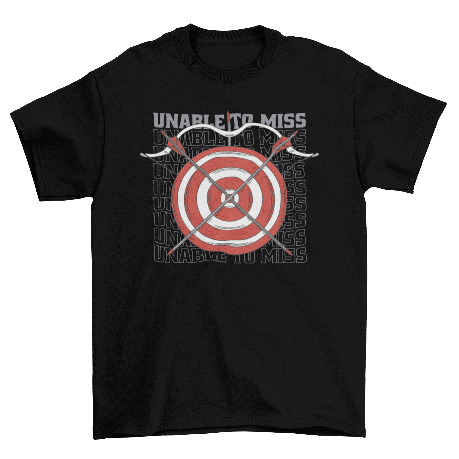 A stylish t-shirt featuring an archery target design with two arrows and the quote 'Unable to miss', perfect for archery enthusiasts.