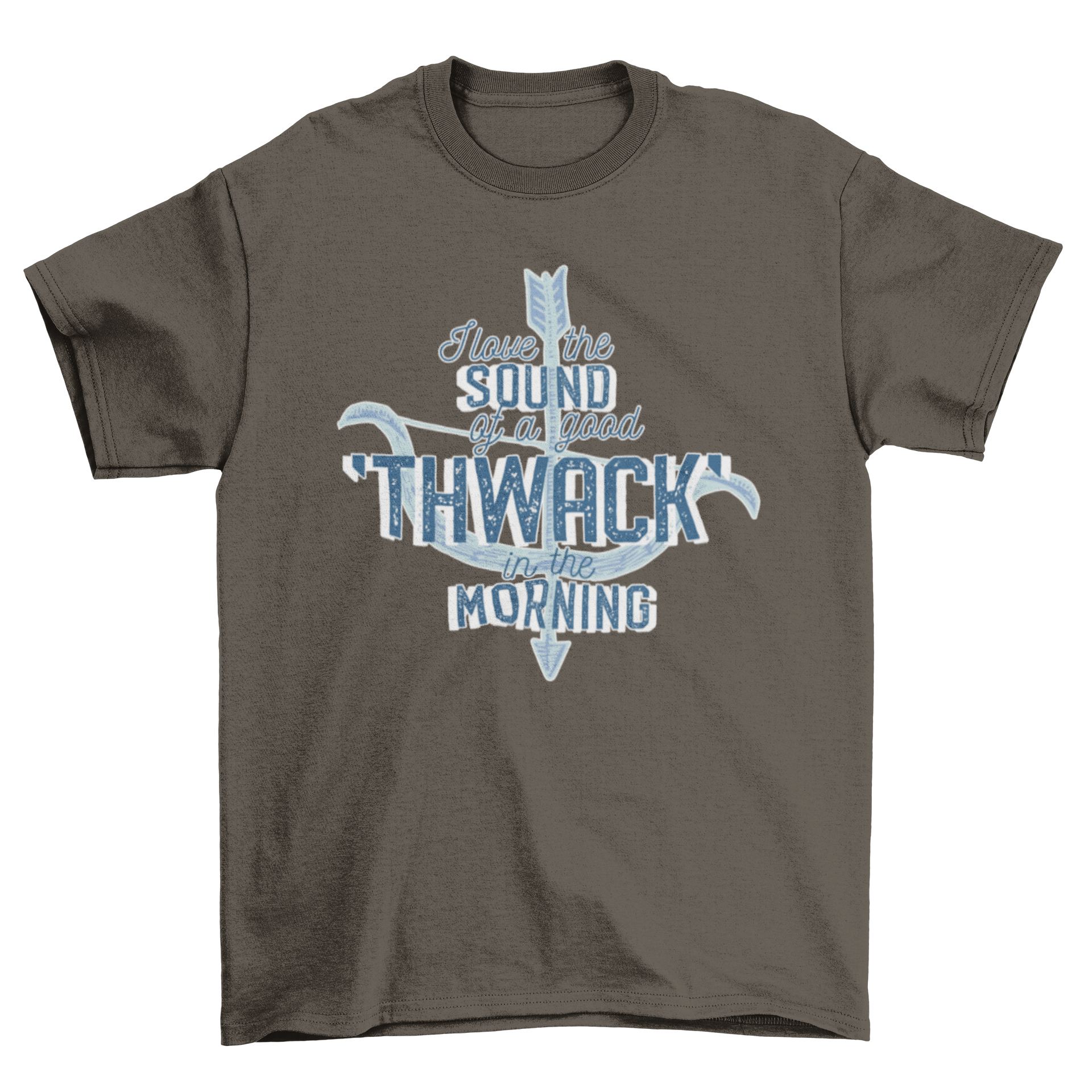 Archery Thwack T-Shirt featuring a hand-drawn bow and arrow design with 'I love the sound of a good THWACK in the morning' caption.