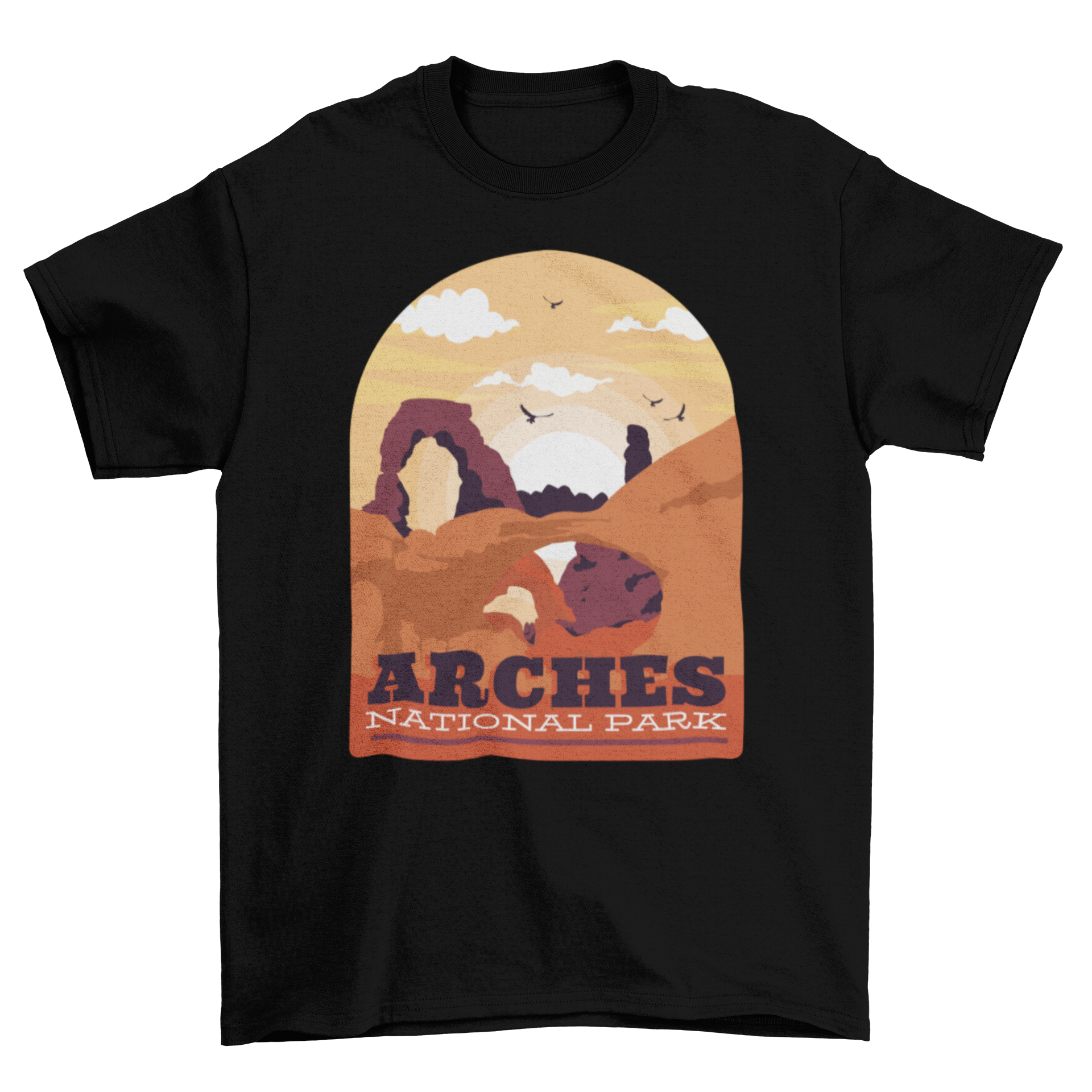 Arches Park T-Shirt featuring a sunset landscape design with Arches National Park caption.