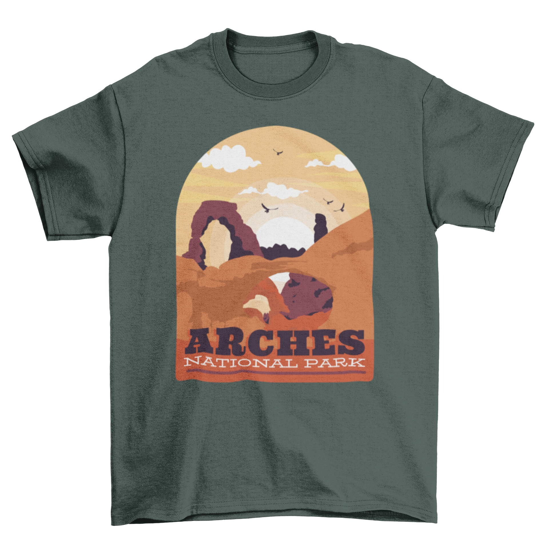 Arches Park T-Shirt featuring a sunset landscape design with Arches National Park caption.