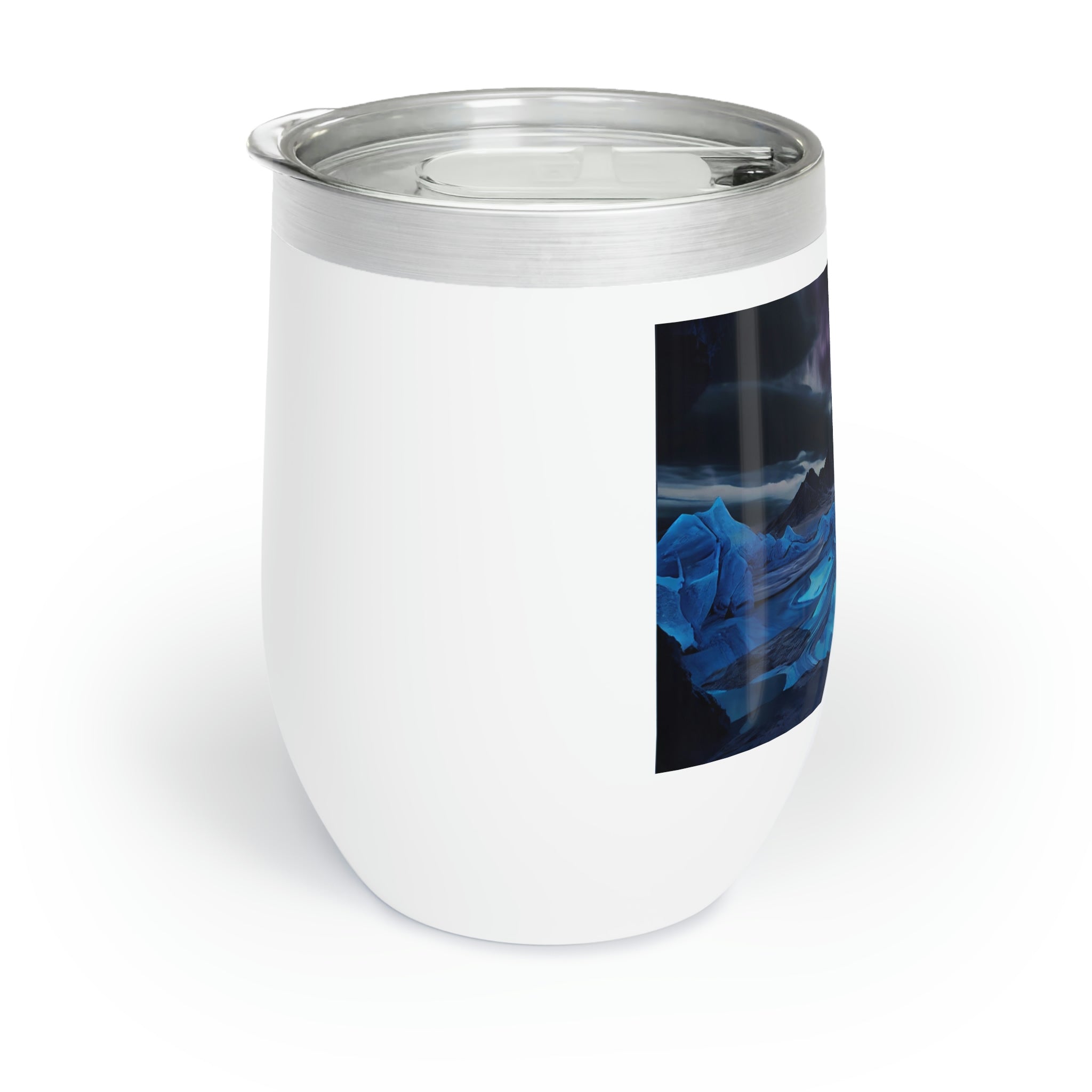 Arctic Chill Wine Tumbler in stainless steel with a customizable design, showcasing its double-insulated walls and stemless shape.