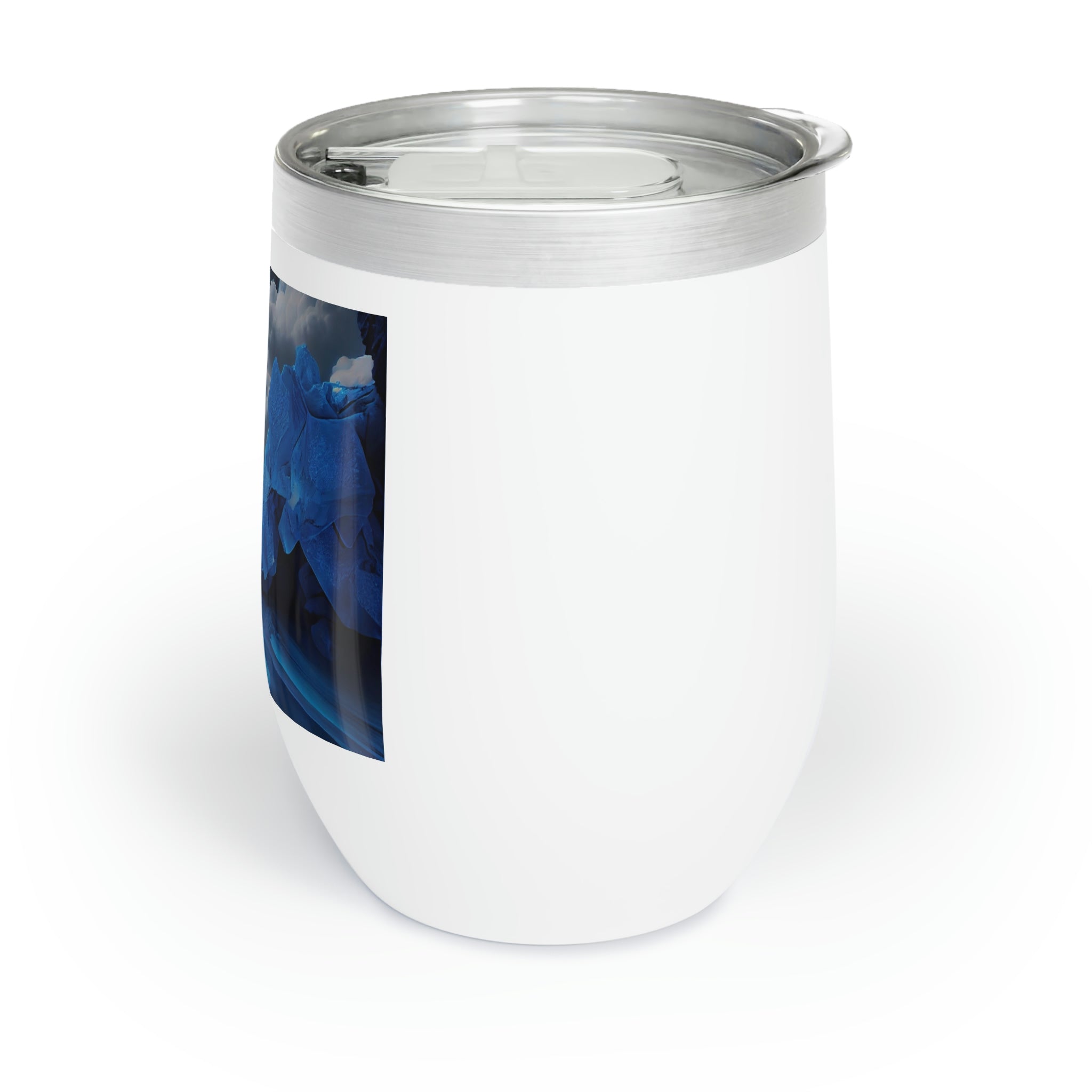 Arctic Chill Wine Tumbler in stainless steel with a customizable design, showcasing its double-insulated walls and stemless shape.