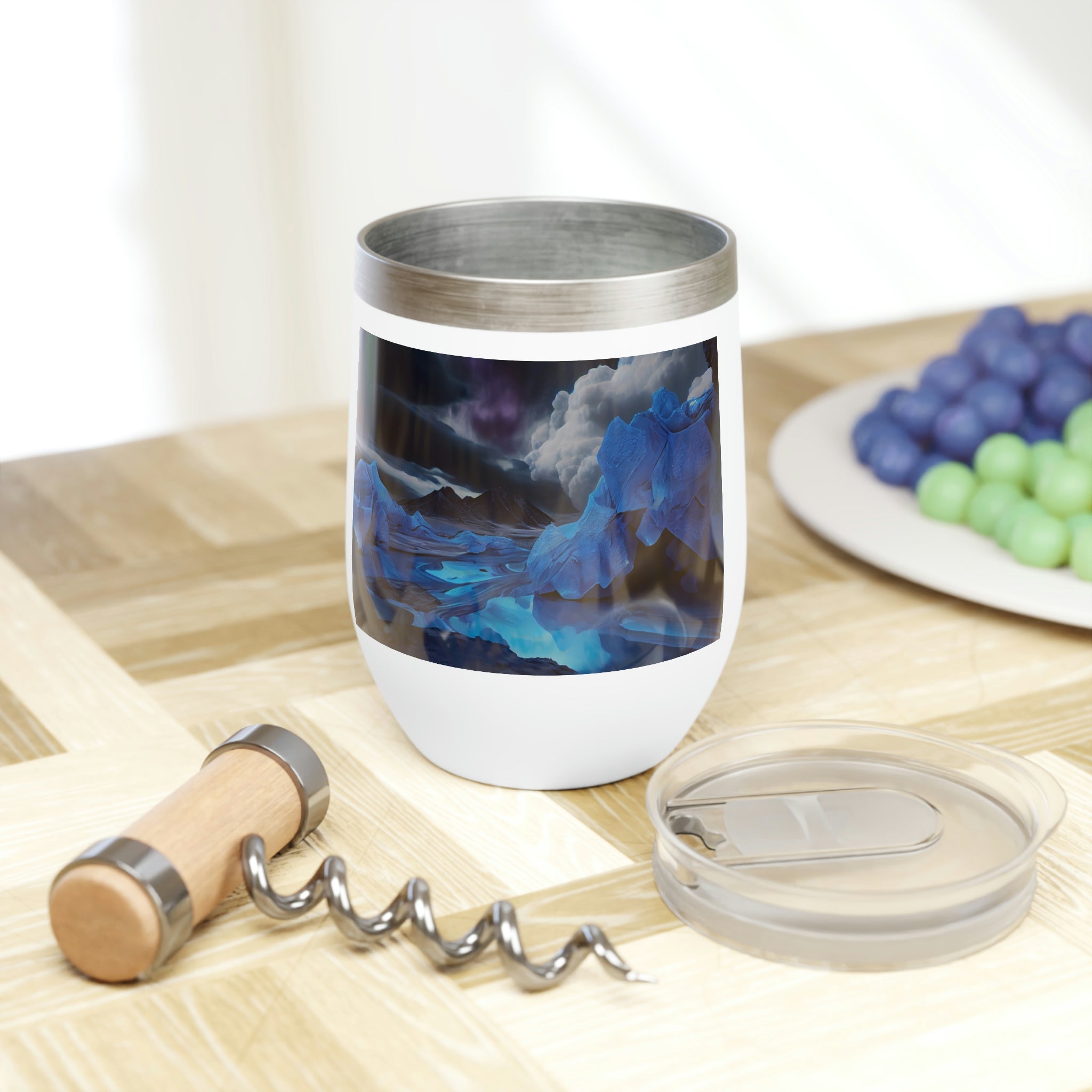 Arctic Chill Wine Tumbler in stainless steel with a customizable design, showcasing its double-insulated walls and stemless shape.