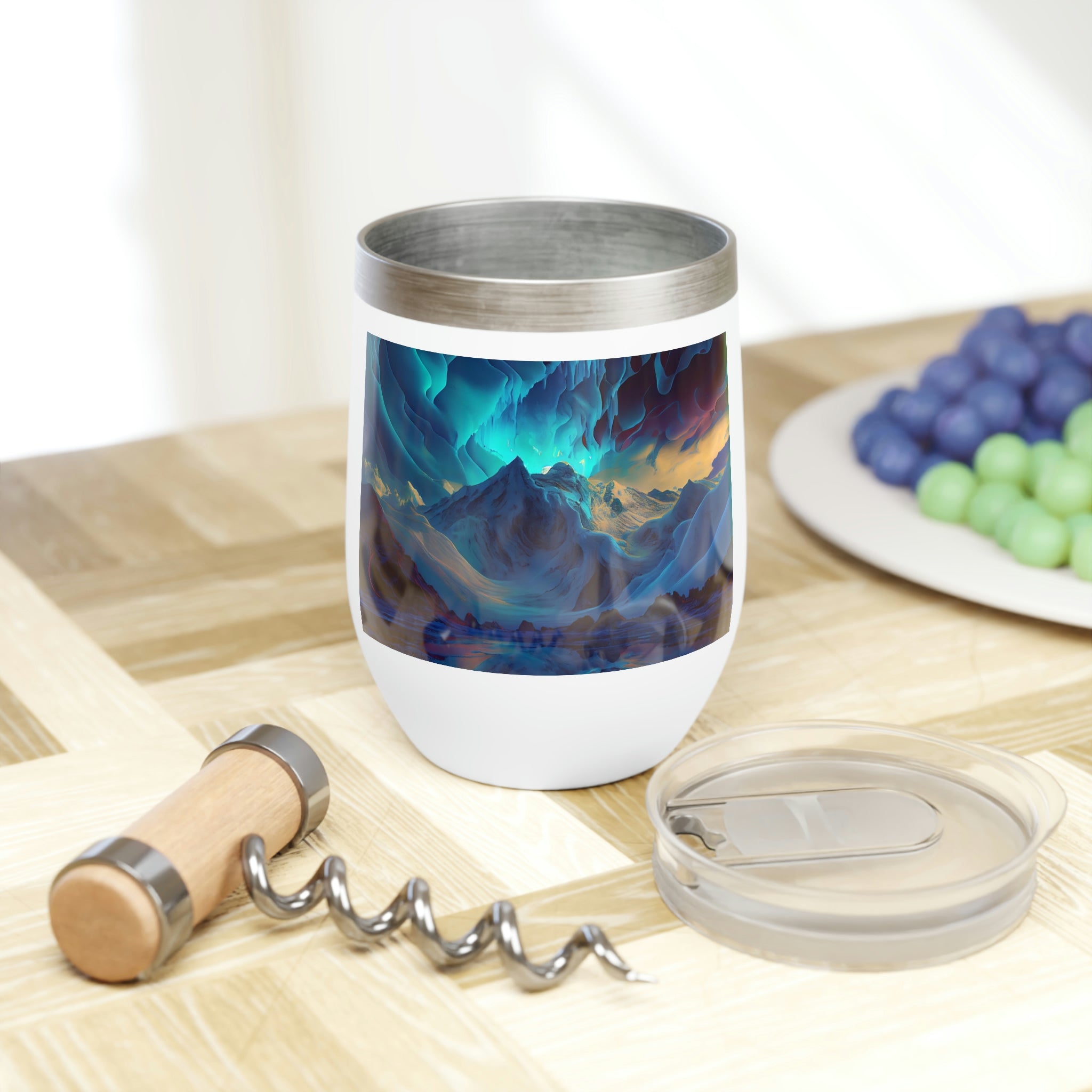 Arctic Chill Wine Tumbler in stainless steel with a sleek design, showcasing its double-insulated walls and stemless structure.