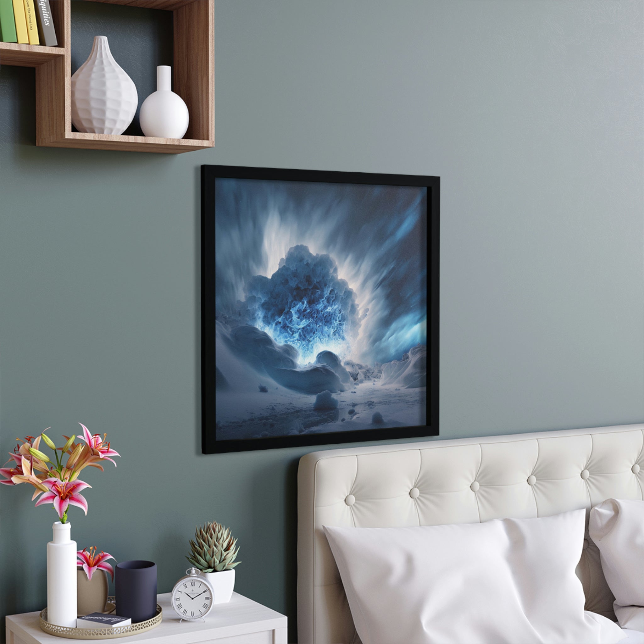 Arctic Galaxy Framed Poster featuring a vibrant cosmic design in a hand-crafted wooden frame, ready for hanging.