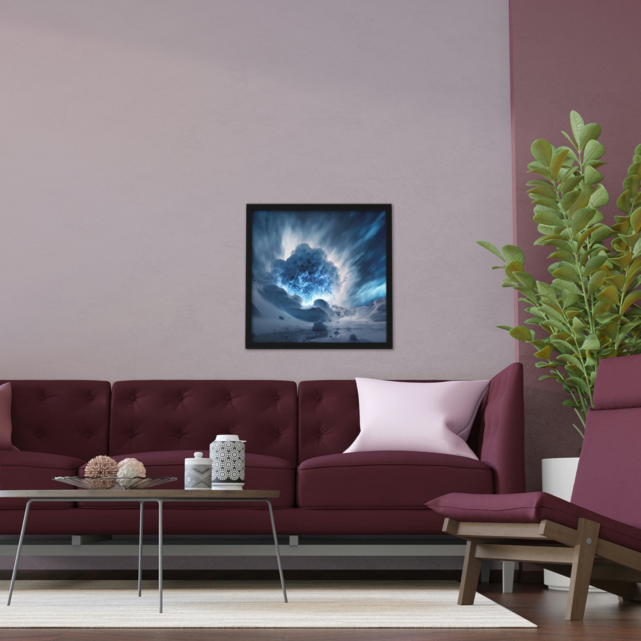 Arctic Galaxy Framed Poster featuring a vibrant cosmic design in a hand-crafted wooden frame, ready for hanging.