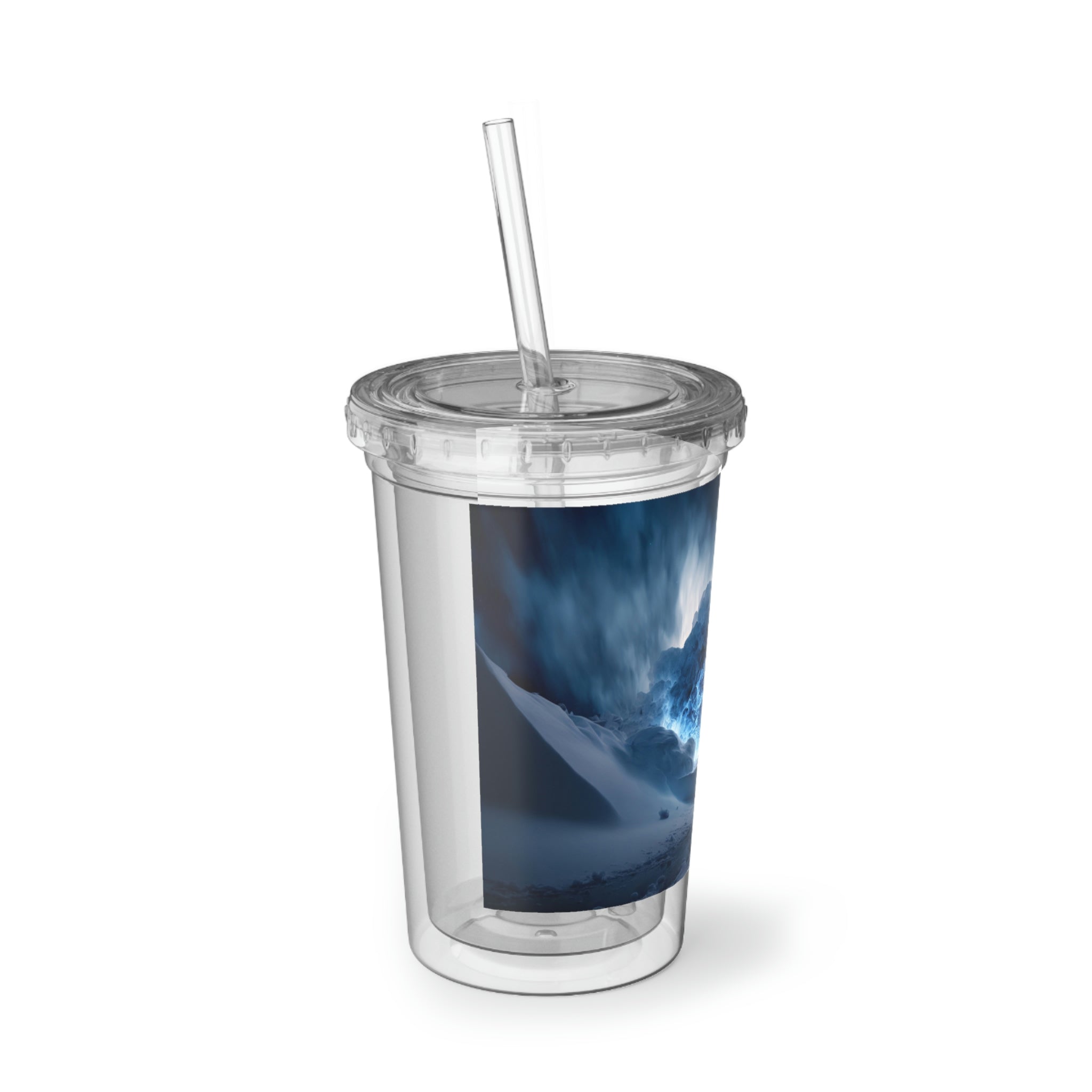 Arctic Galaxy Suave Acrylic Cup in stainless steel with a black plastic straw, showcasing a sleek design and vibrant custom print.