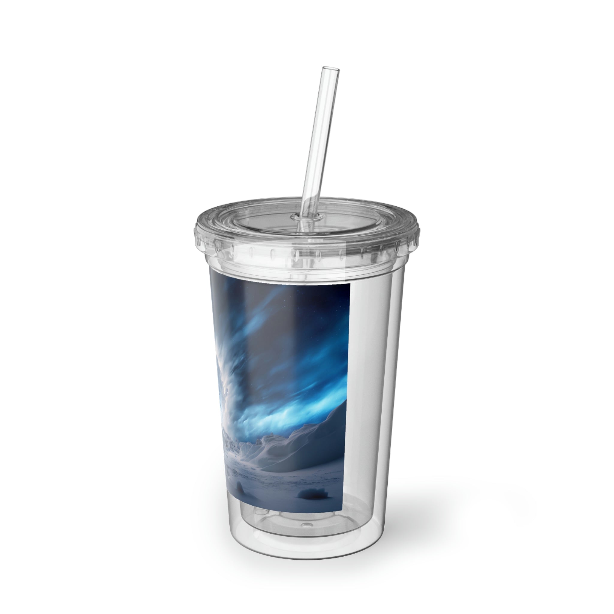 Arctic Galaxy Suave Acrylic Cup in stainless steel with a black plastic straw, showcasing a sleek design and vibrant custom print.