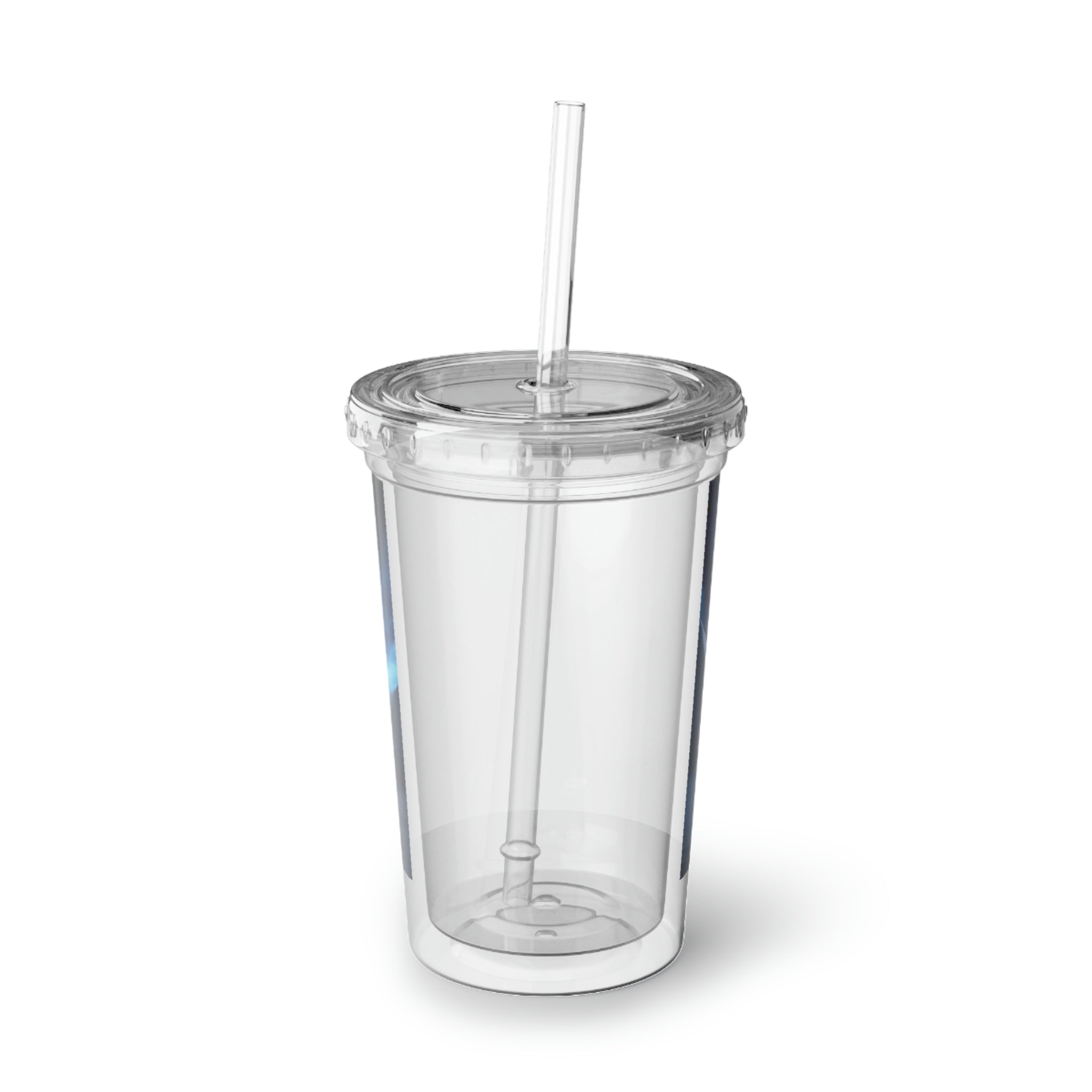 Arctic Galaxy Suave Acrylic Cup in stainless steel with a black plastic straw, showcasing a sleek design and vibrant custom print.