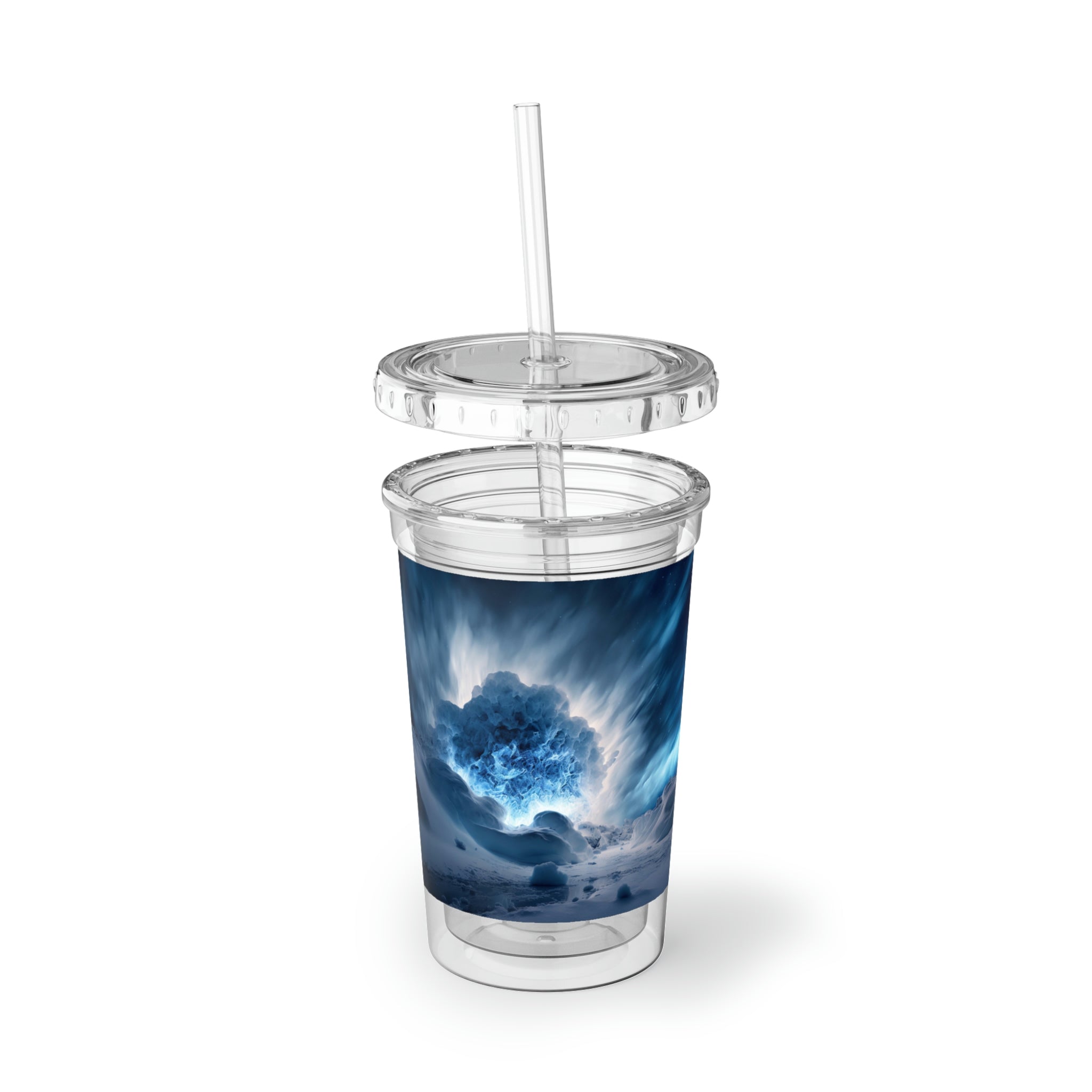 Arctic Galaxy Suave Acrylic Cup in stainless steel with a black plastic straw, showcasing a sleek design and vibrant custom print.