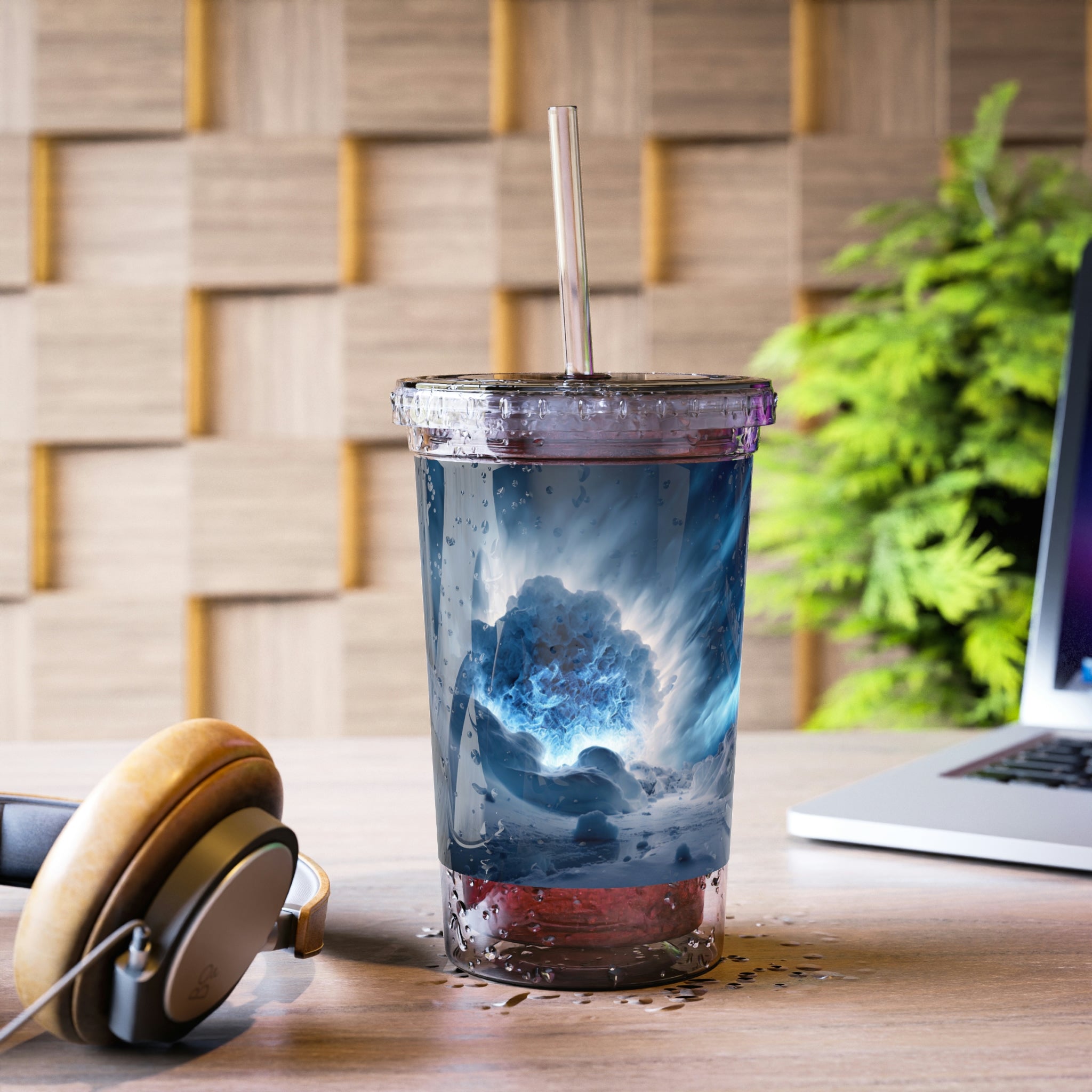 Arctic Galaxy Suave Acrylic Cup in stainless steel with a black plastic straw, showcasing a sleek design and vibrant custom print.