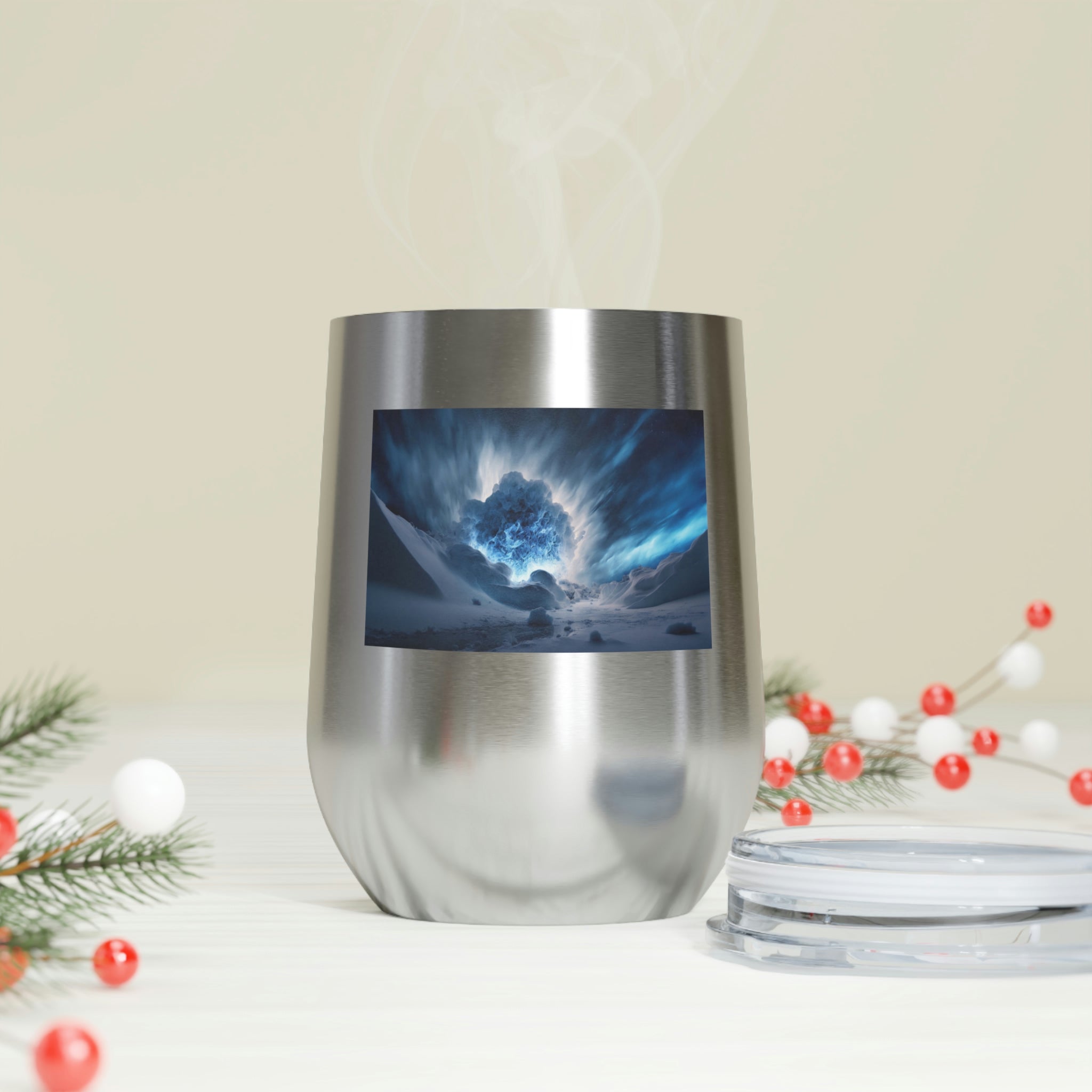 Arctic Galaxy Wine Tumbler with a clear lid, showcasing its stylish design and double-wall insulation.