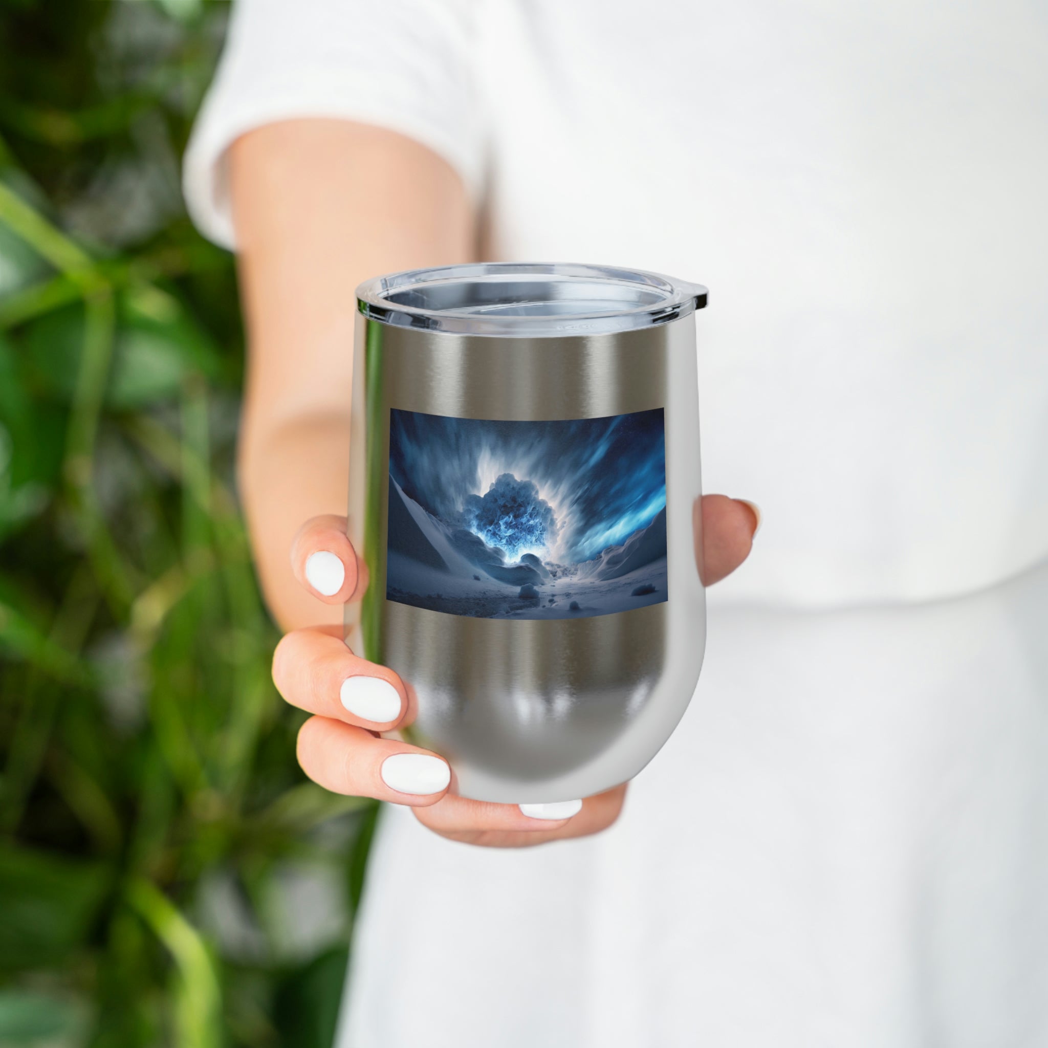 Arctic Galaxy Wine Tumbler with a clear lid, showcasing its stylish design and double-wall insulation.