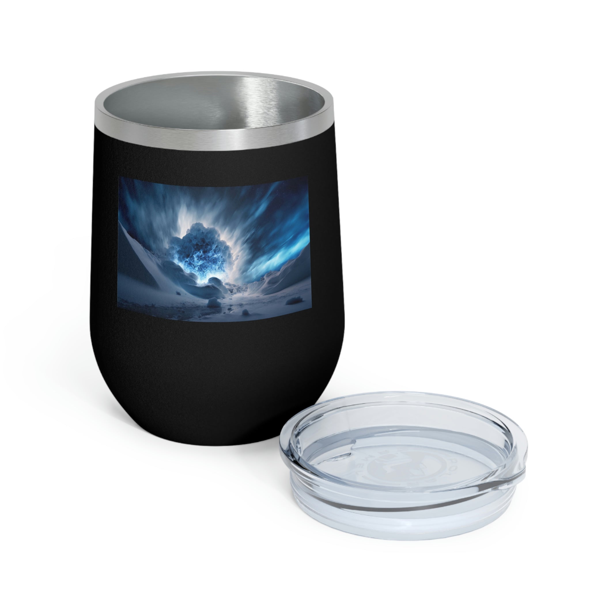 Arctic Galaxy Wine Tumbler with a clear lid, showcasing its stylish design and double-wall insulation.