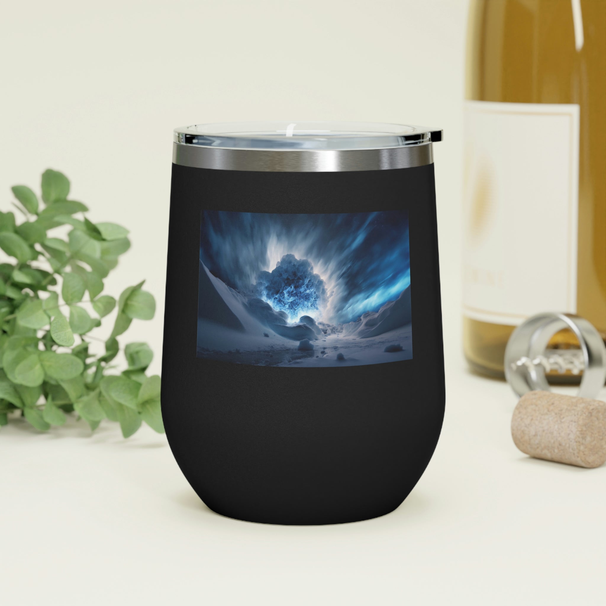 Arctic Galaxy Wine Tumbler with a clear lid, showcasing its stylish design and double-wall insulation.