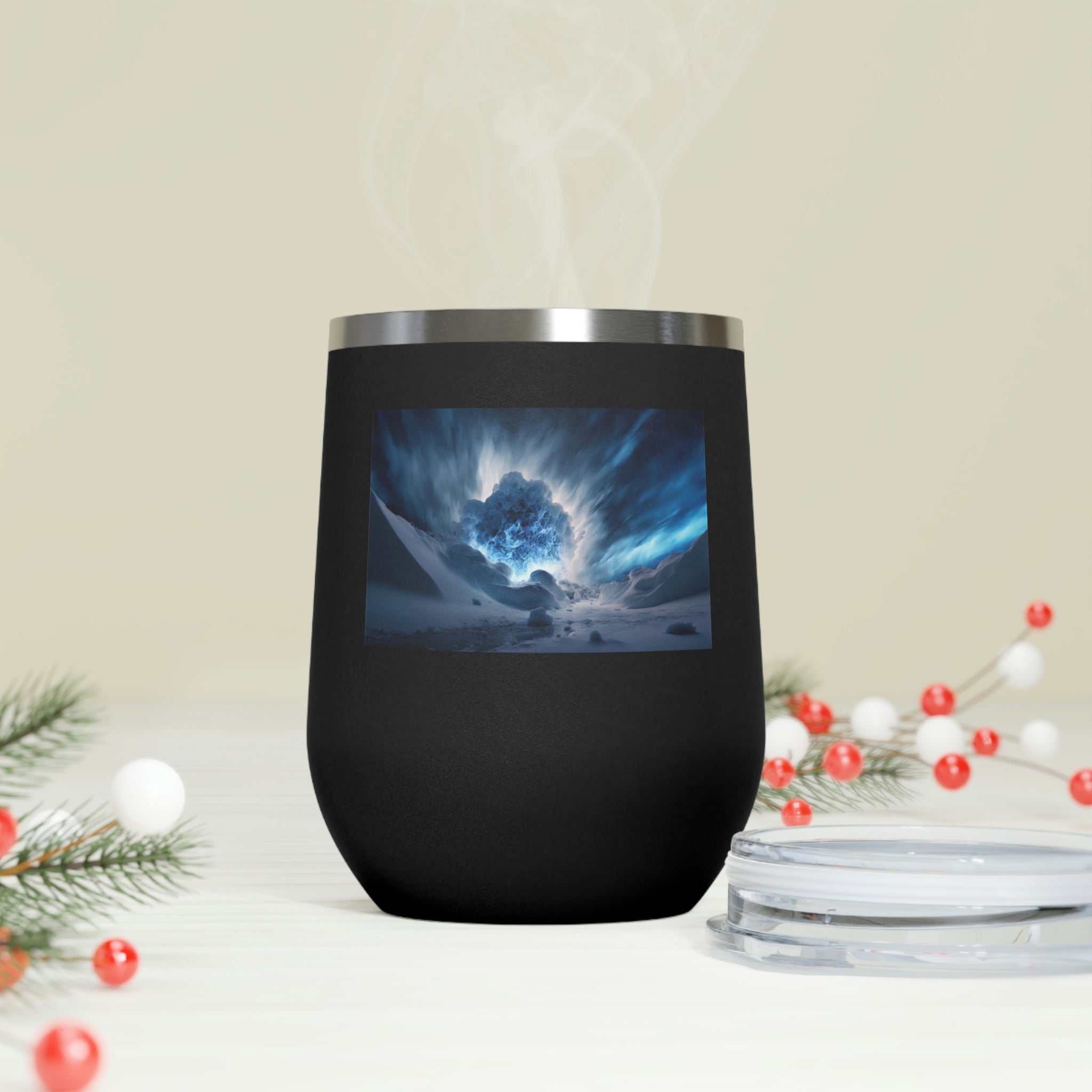 Arctic Galaxy Wine Tumbler with a clear lid, showcasing its stylish design and double-wall insulation.