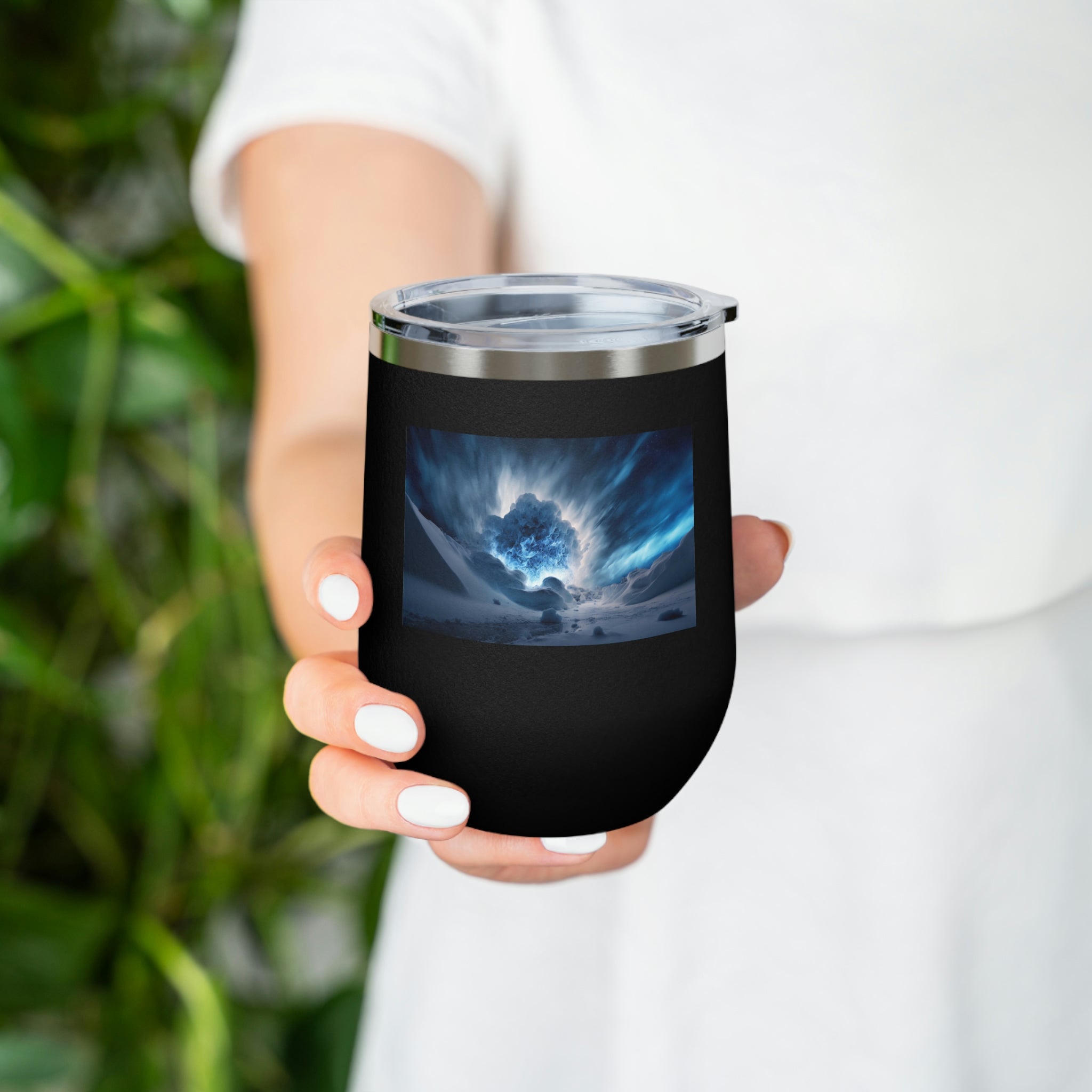 Arctic Galaxy Wine Tumbler with a clear lid, showcasing its stylish design and double-wall insulation.