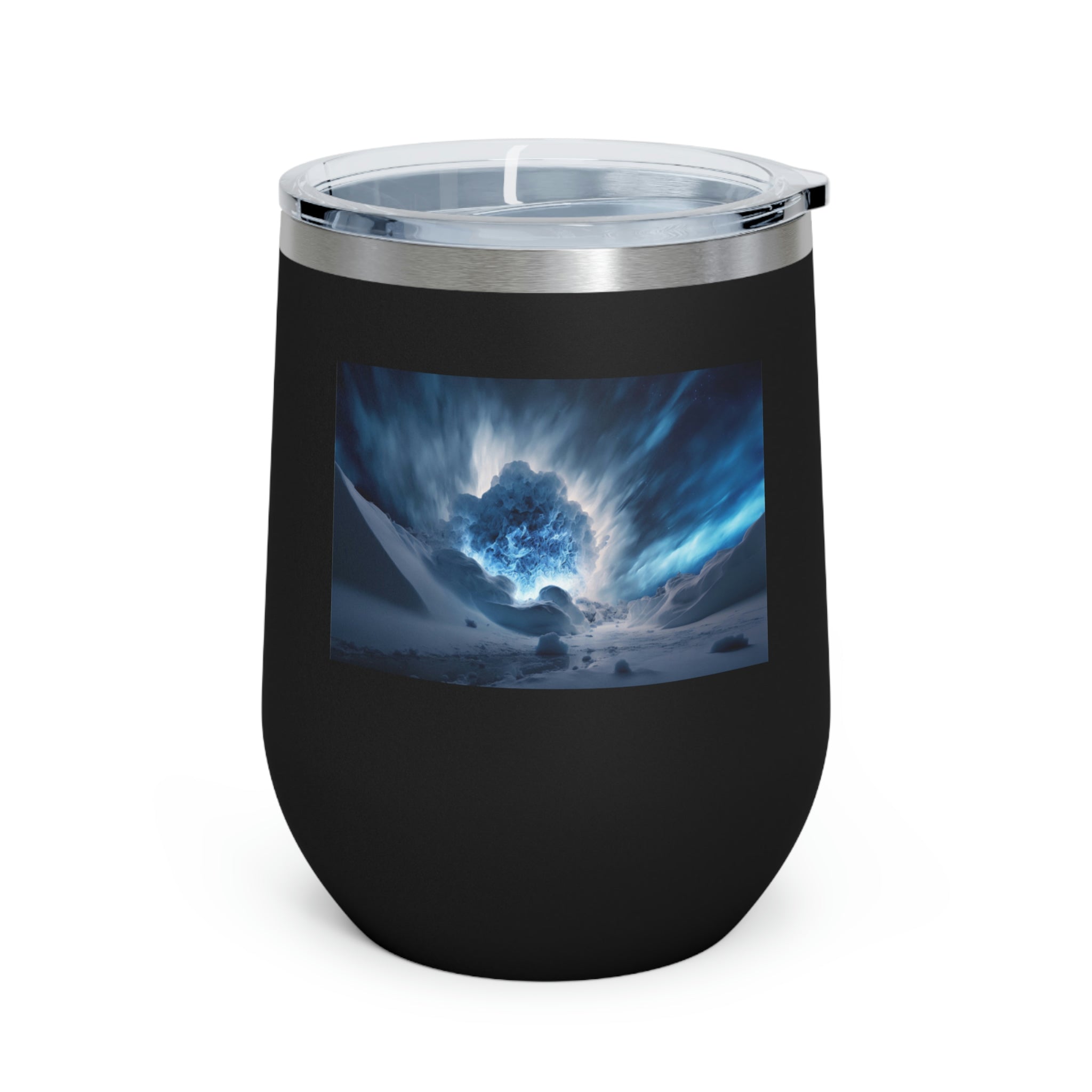 Arctic Galaxy Wine Tumbler with a clear lid, showcasing its stylish design and double-wall insulation.