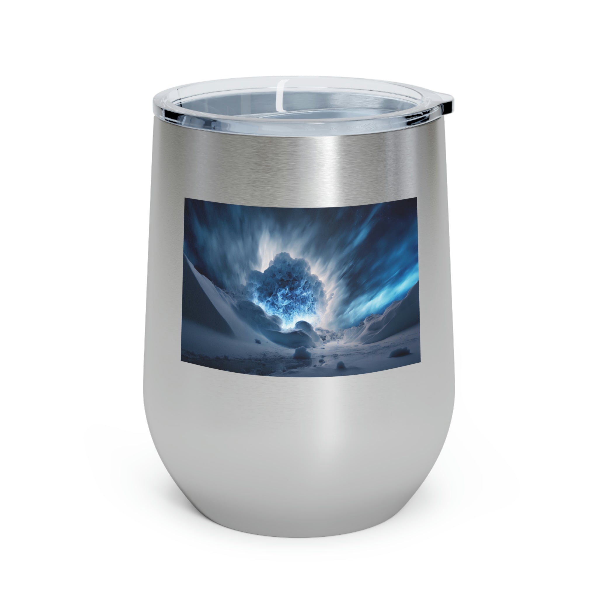 Arctic Galaxy Wine Tumbler with a clear lid, showcasing its stylish design and double-wall insulation.