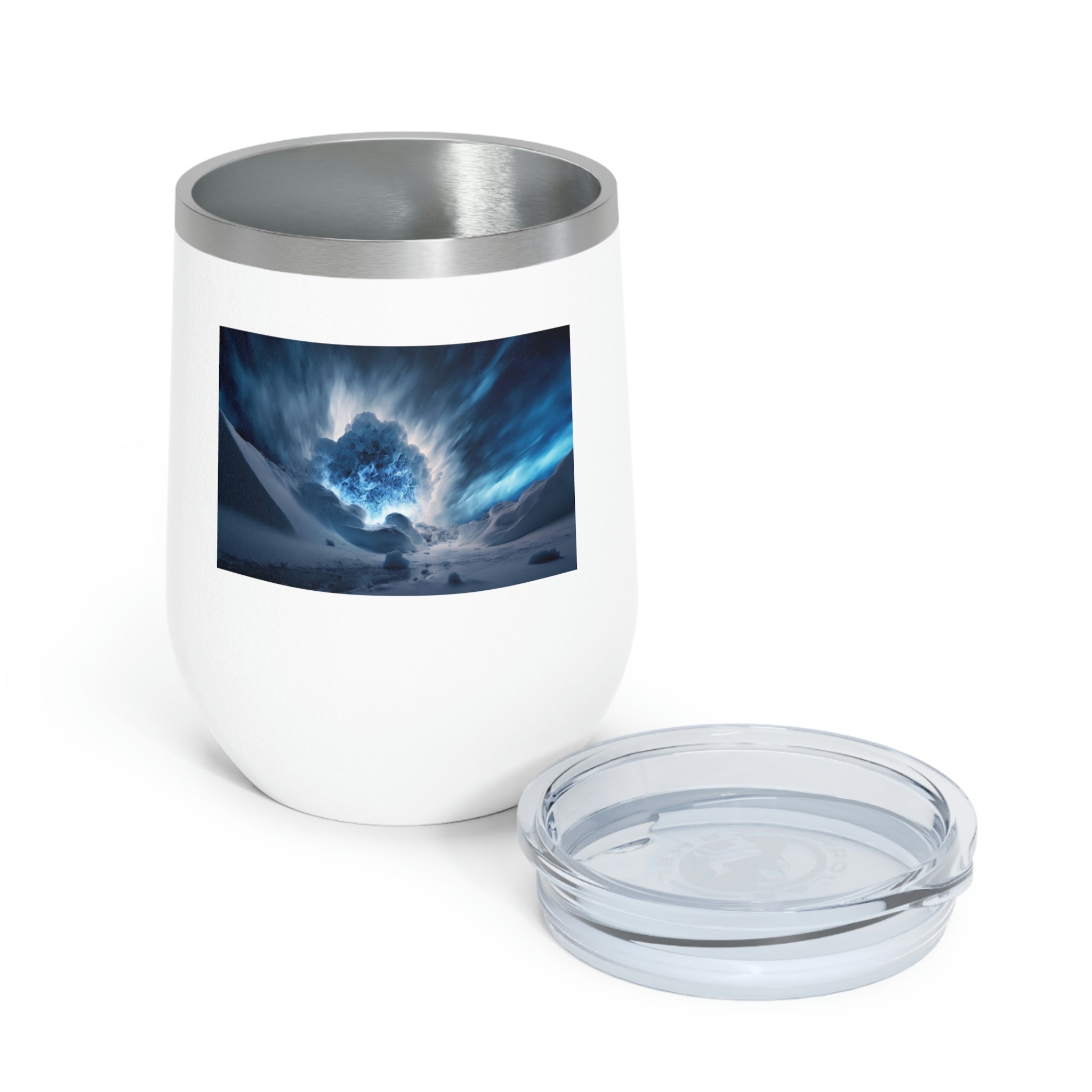 Arctic Galaxy Wine Tumbler with a clear lid, showcasing its stylish design and double-wall insulation.