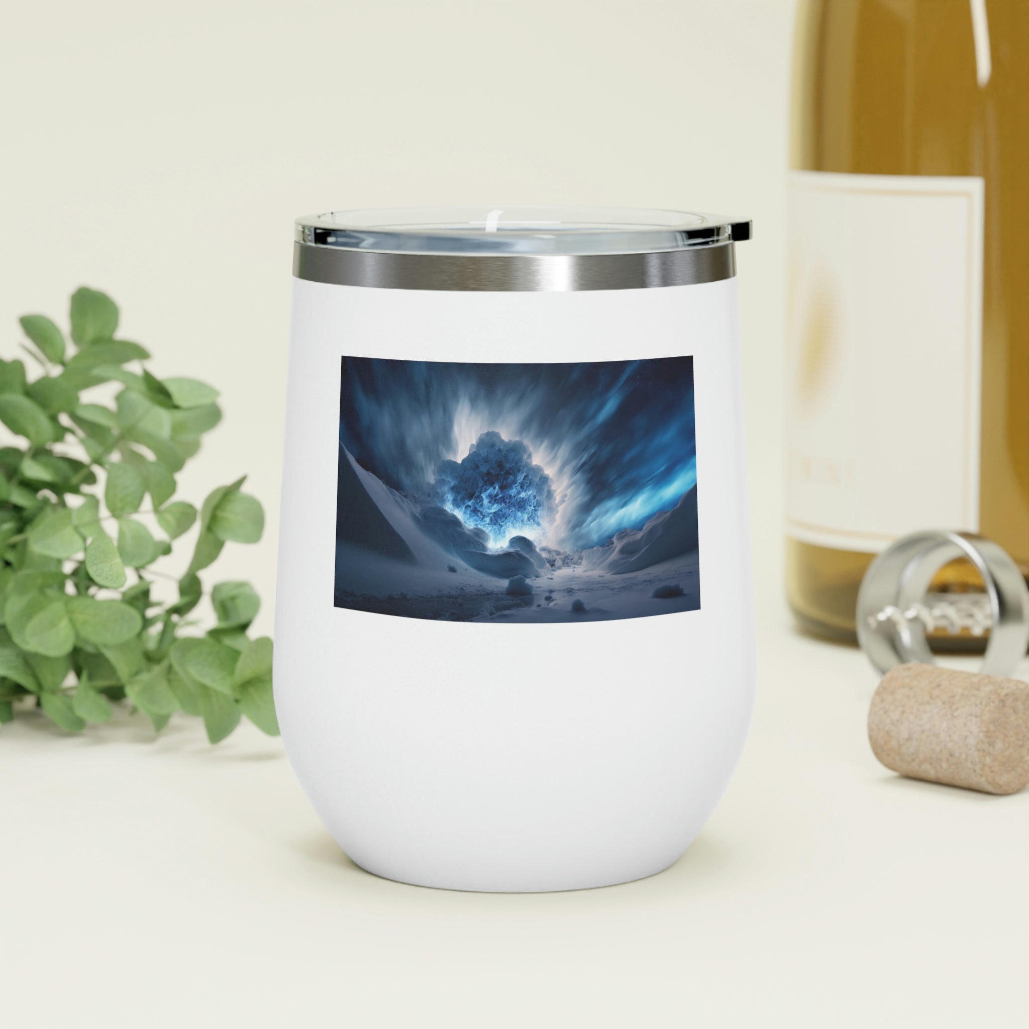 Arctic Galaxy Wine Tumbler with a clear lid, showcasing its stylish design and double-wall insulation.