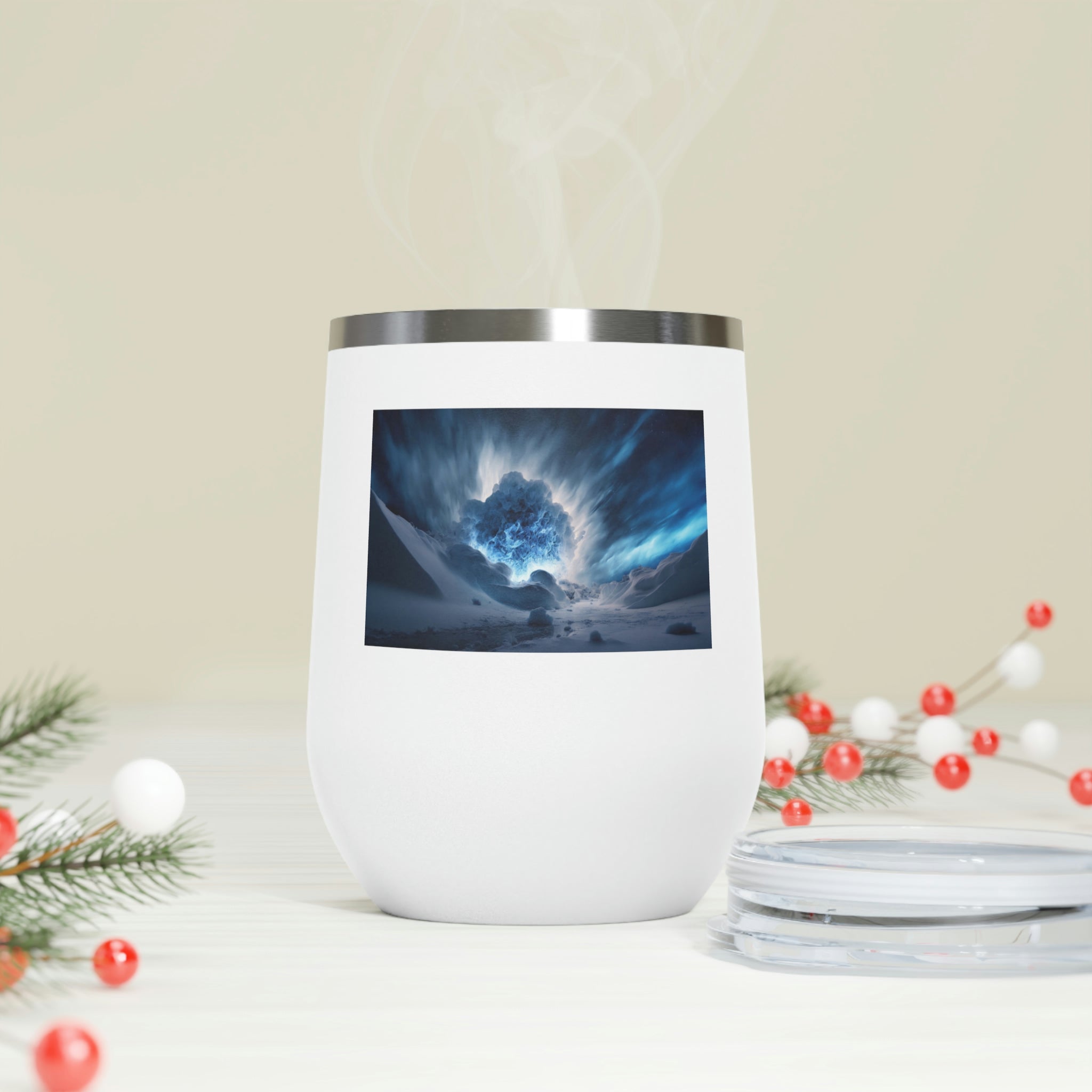 Arctic Galaxy Wine Tumbler with a clear lid, showcasing its stylish design and double-wall insulation.