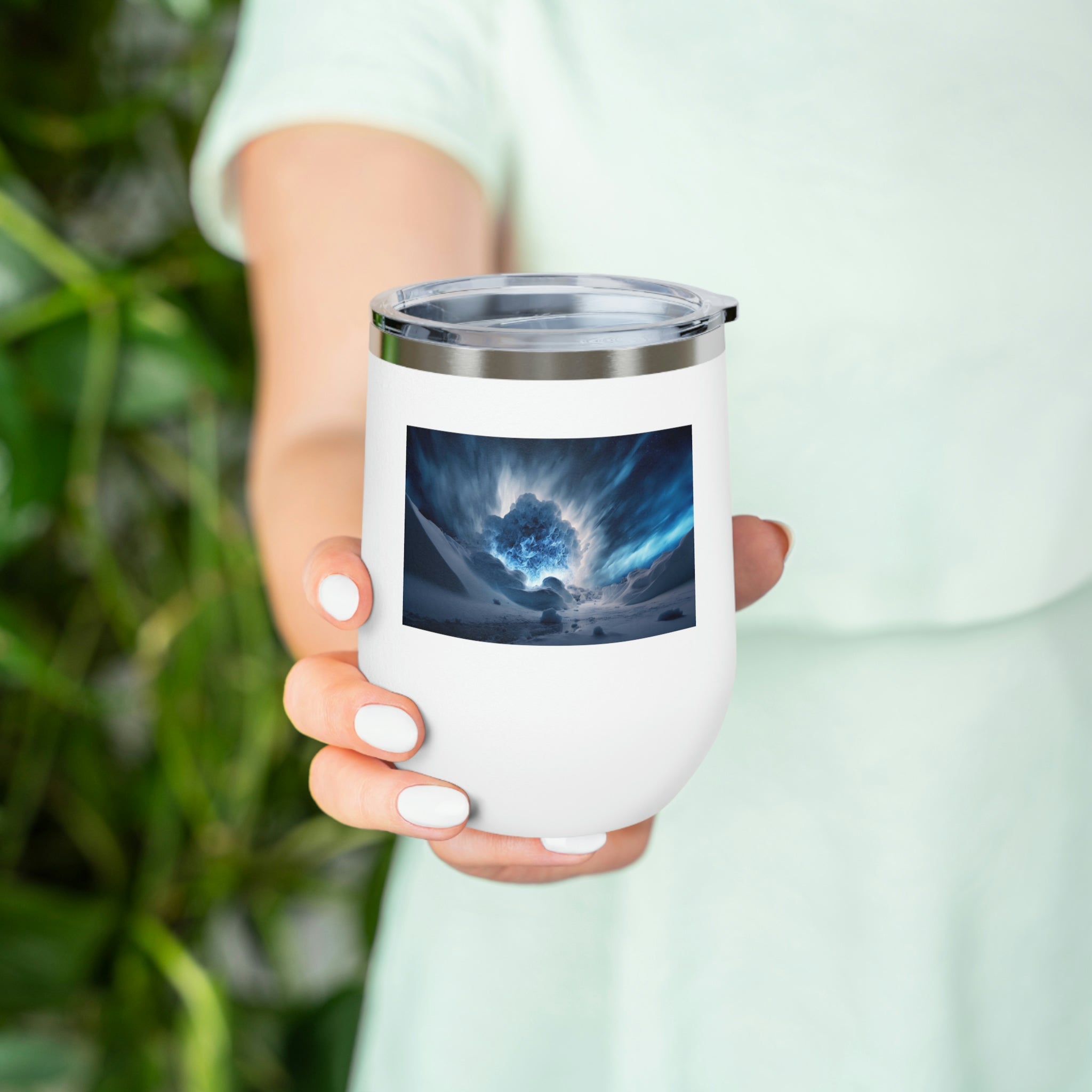 Arctic Galaxy Wine Tumbler with a clear lid, showcasing its stylish design and double-wall insulation.