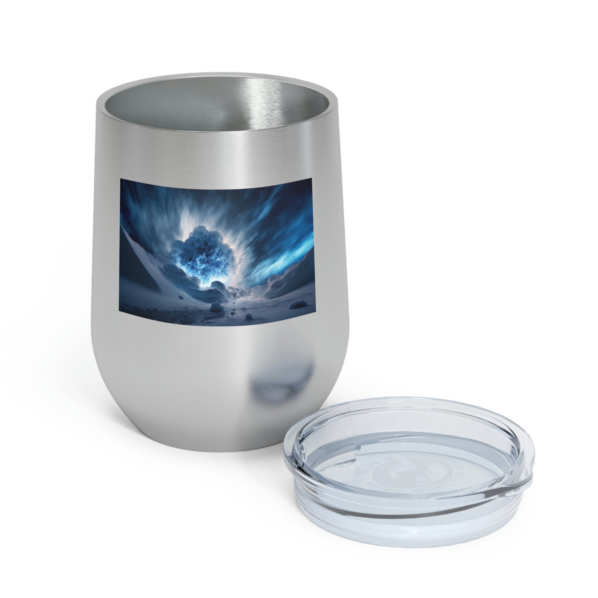 Arctic Galaxy Wine Tumbler with a clear lid, showcasing its stylish design and double-wall insulation.