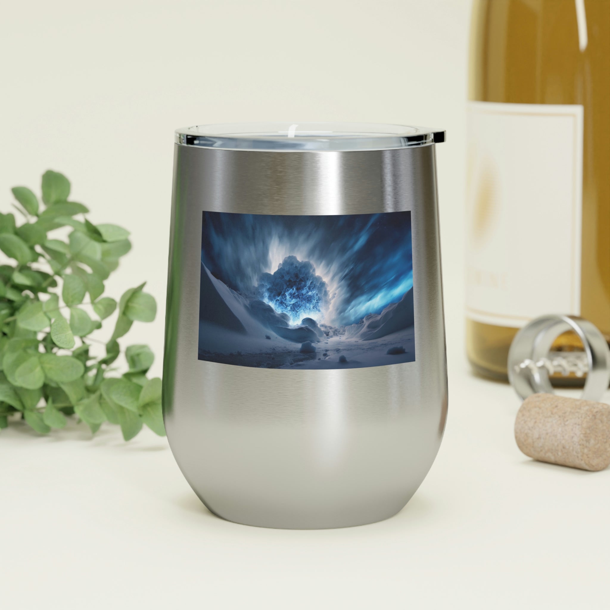 Arctic Galaxy Wine Tumbler with a clear lid, showcasing its stylish design and double-wall insulation.