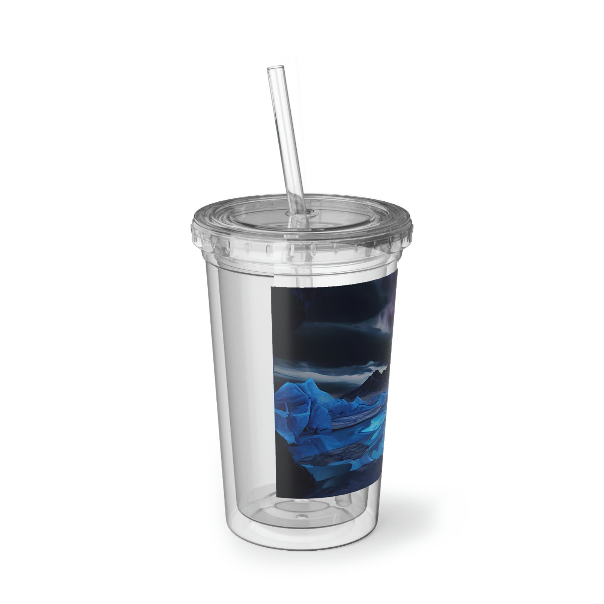 Arctic Suave Acrylic Cup in stainless steel with a black cap and plastic straw, showcasing a customizable design.