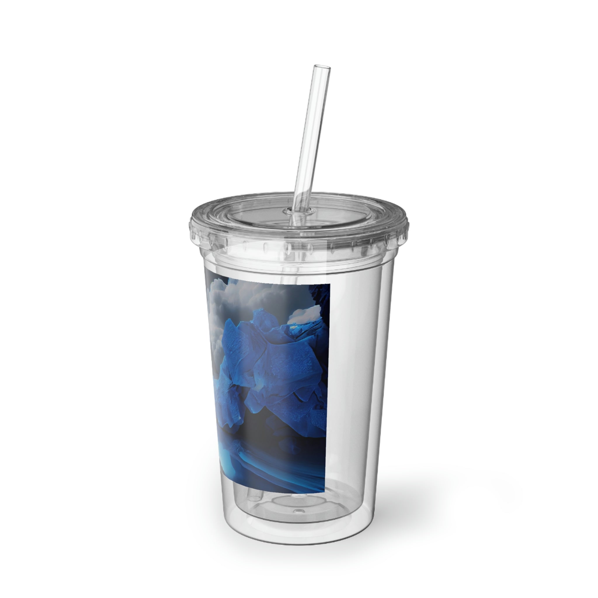 Arctic Suave Acrylic Cup in stainless steel with a black cap and plastic straw, showcasing a customizable design.