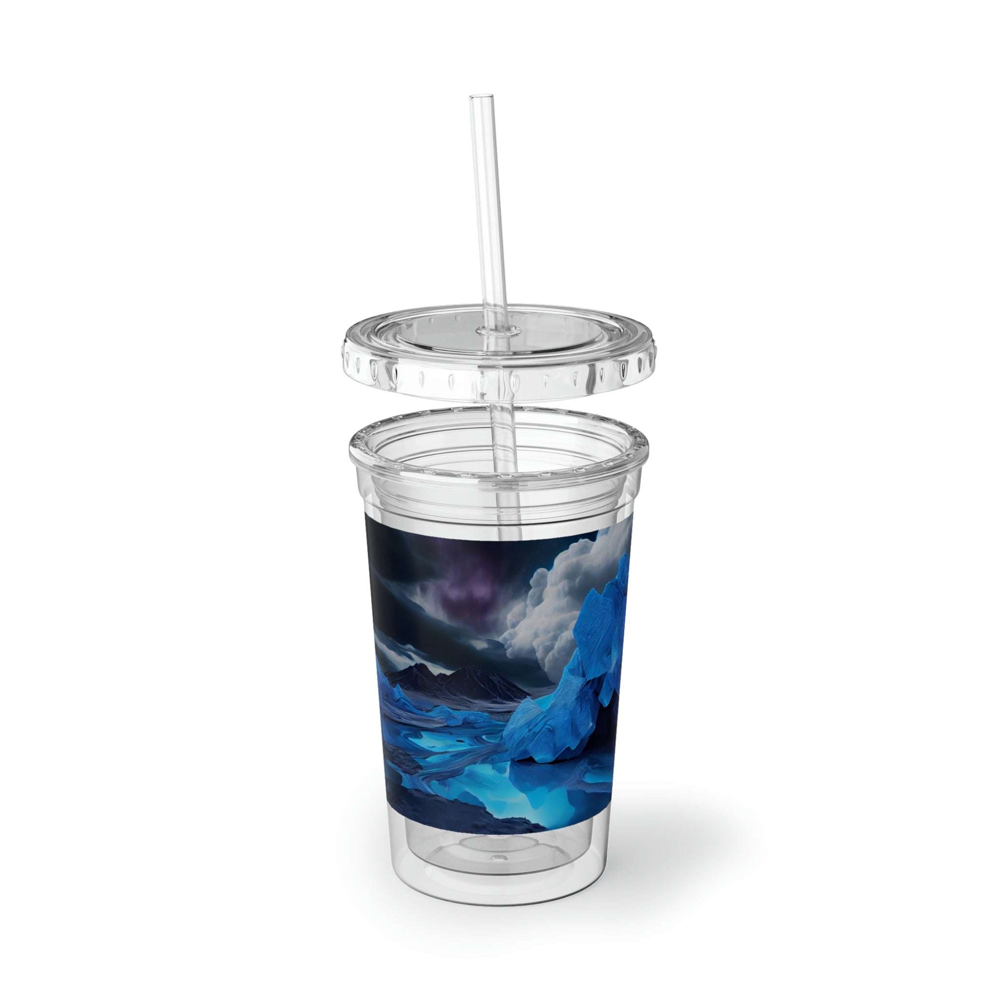 Arctic Suave Acrylic Cup in stainless steel with a black cap and plastic straw, showcasing a customizable design.