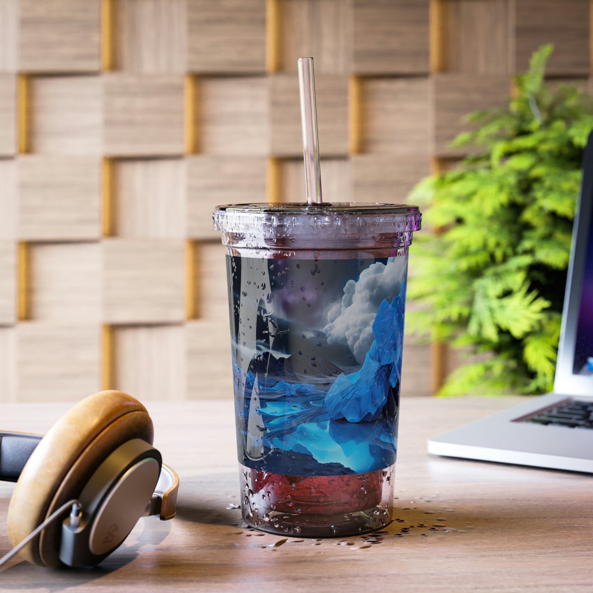 Arctic Suave Acrylic Cup in stainless steel with a black cap and plastic straw, showcasing a customizable design.