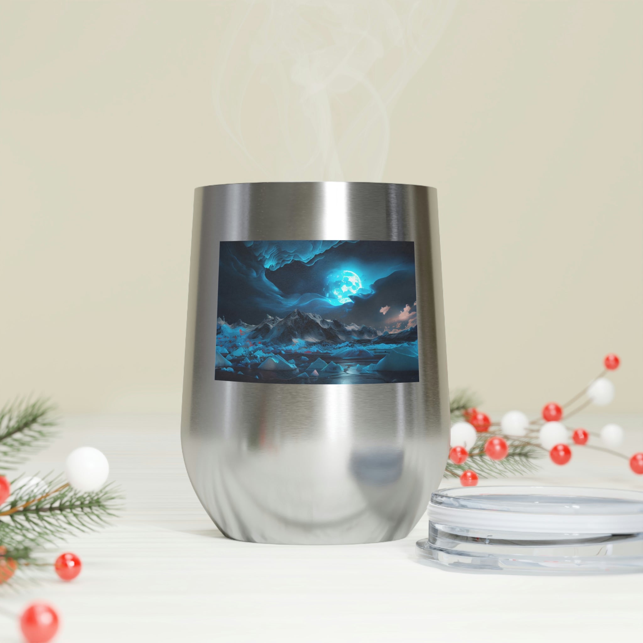 Arctic Wine Tumbler in stainless steel with a clear plastic lid, showcasing its sleek design and double insulation for hot and cold beverages.