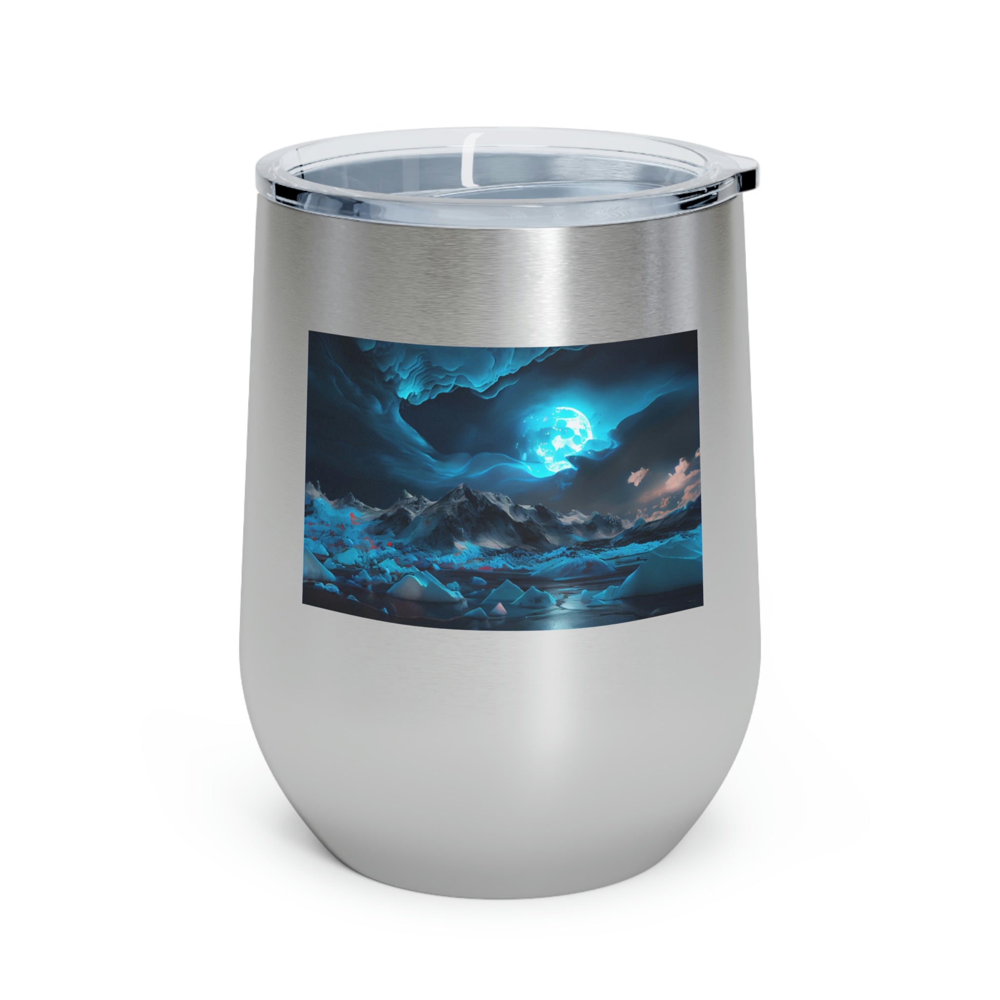 Arctic Wine Tumbler in stainless steel with a clear plastic lid, showcasing its sleek design and double insulation for hot and cold beverages.