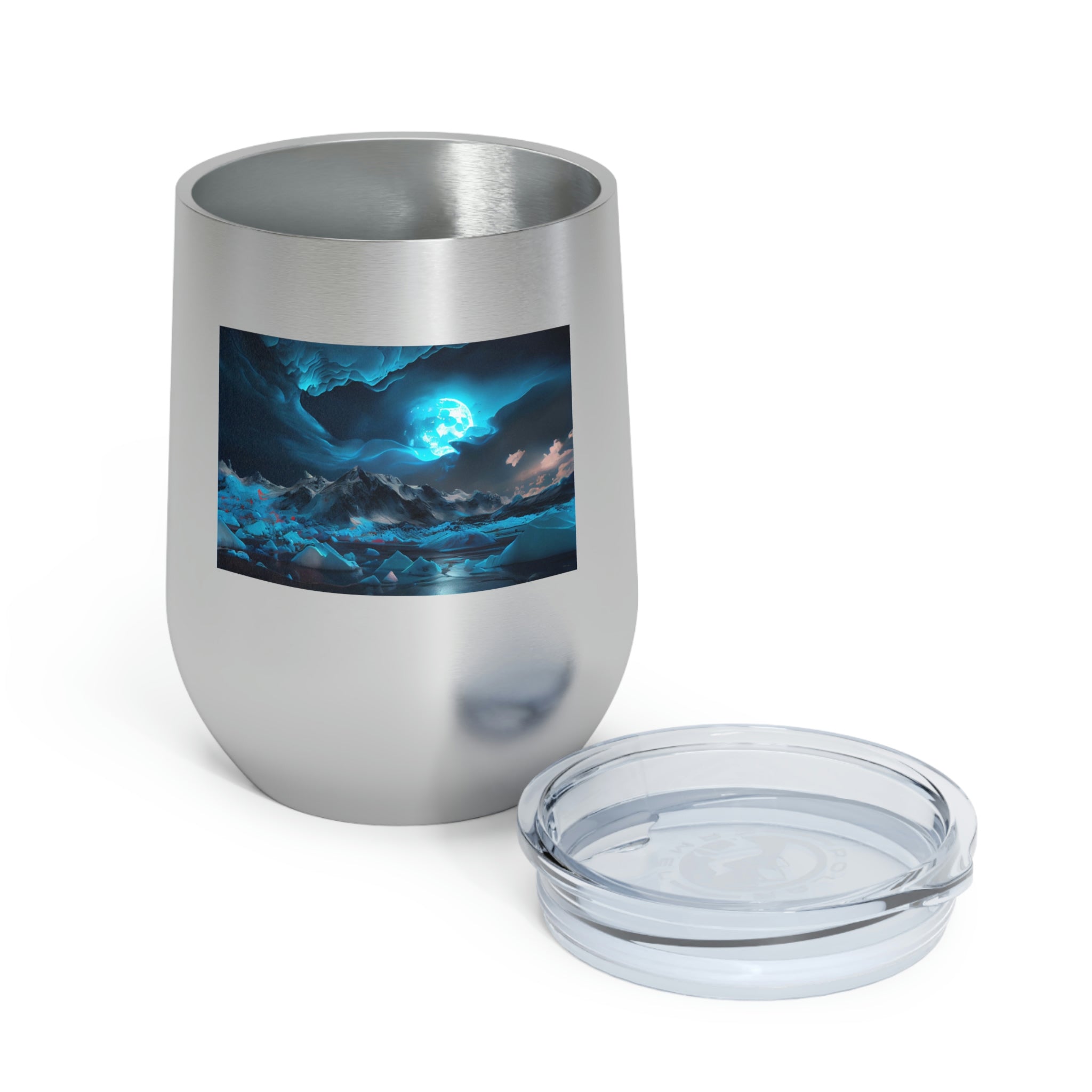 Arctic Wine Tumbler in stainless steel with a clear plastic lid, showcasing its sleek design and double insulation for hot and cold beverages.