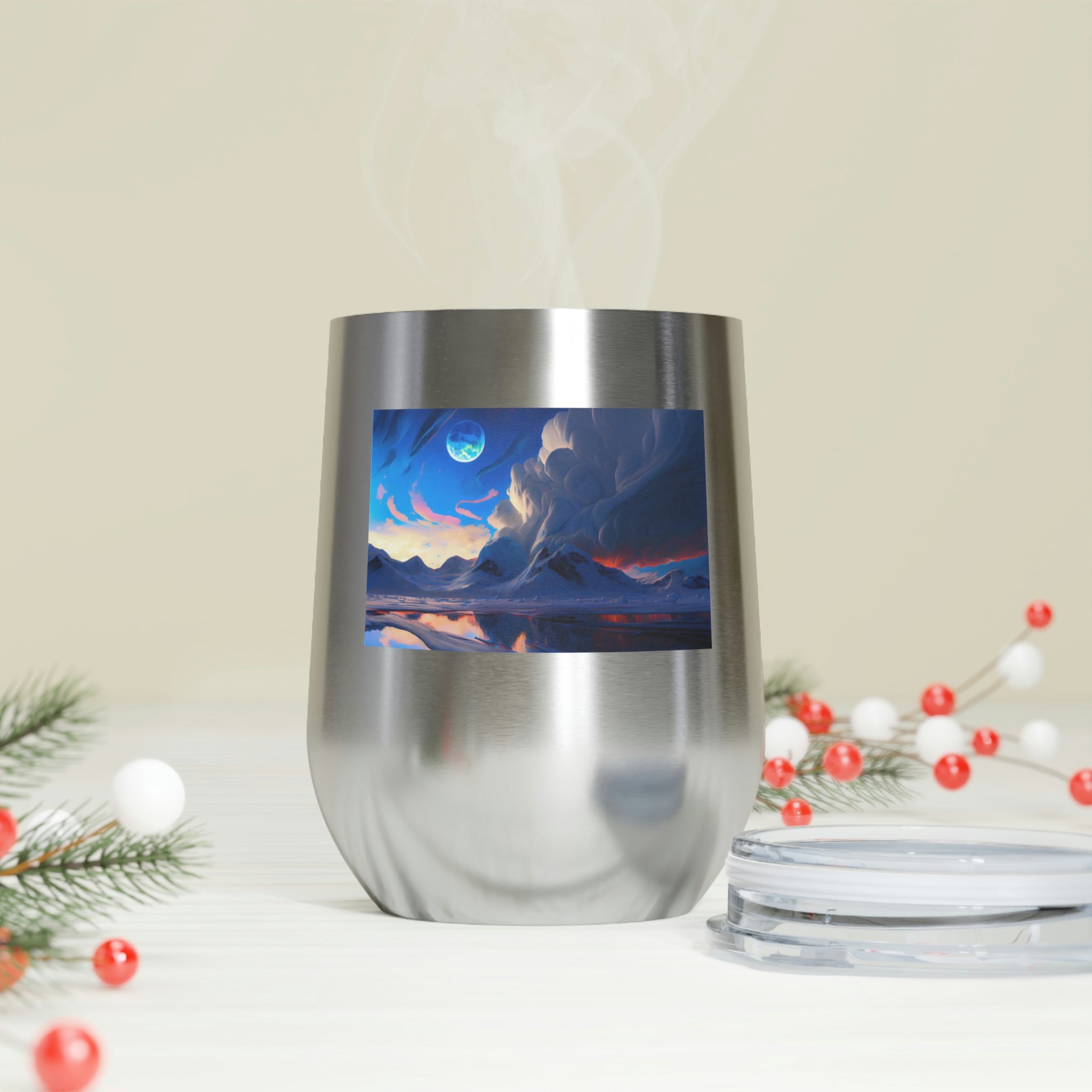 Arctic Wine Tumbler in stainless steel with clear lid, showcasing its sleek design and double insulation for hot and cold beverages.