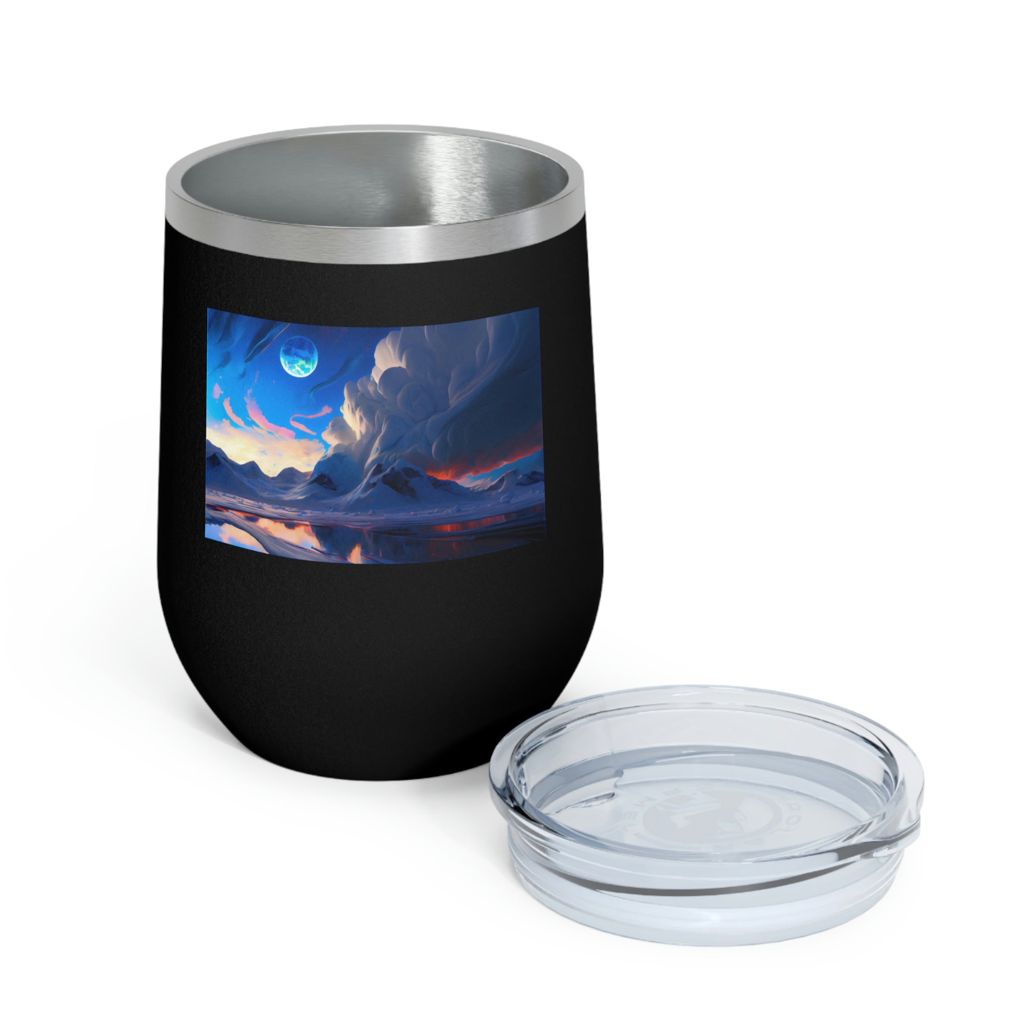 Arctic Wine Tumbler in stainless steel with clear lid, showcasing its sleek design and double insulation for hot and cold beverages.