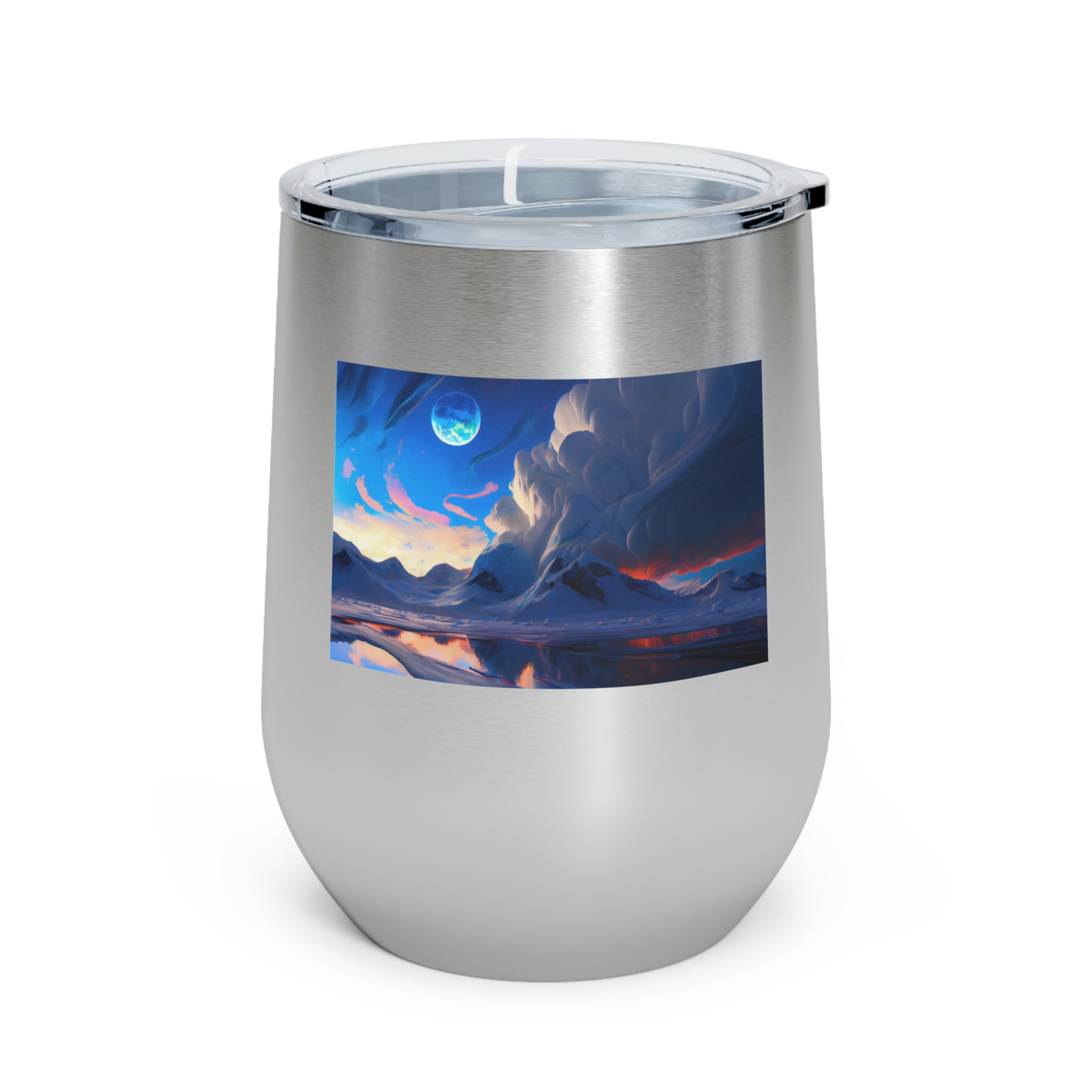 Arctic Wine Tumbler in stainless steel with clear lid, showcasing its sleek design and double insulation for hot and cold beverages.