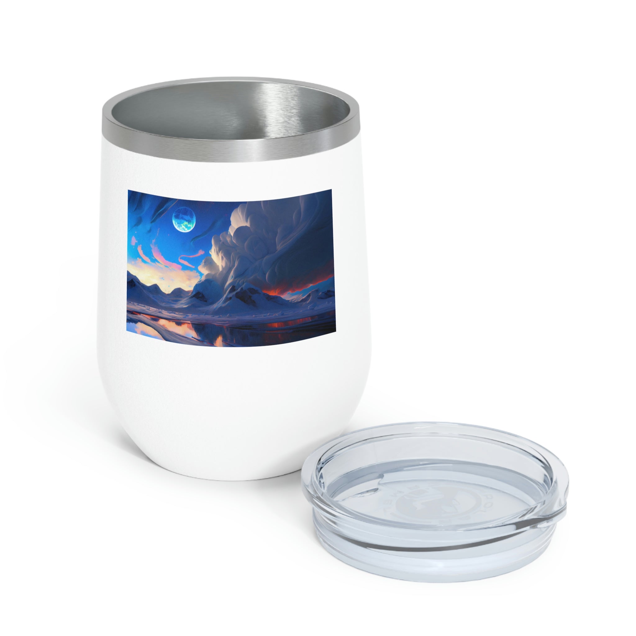 Arctic Wine Tumbler in stainless steel with clear lid, showcasing its sleek design and double insulation for hot and cold beverages.