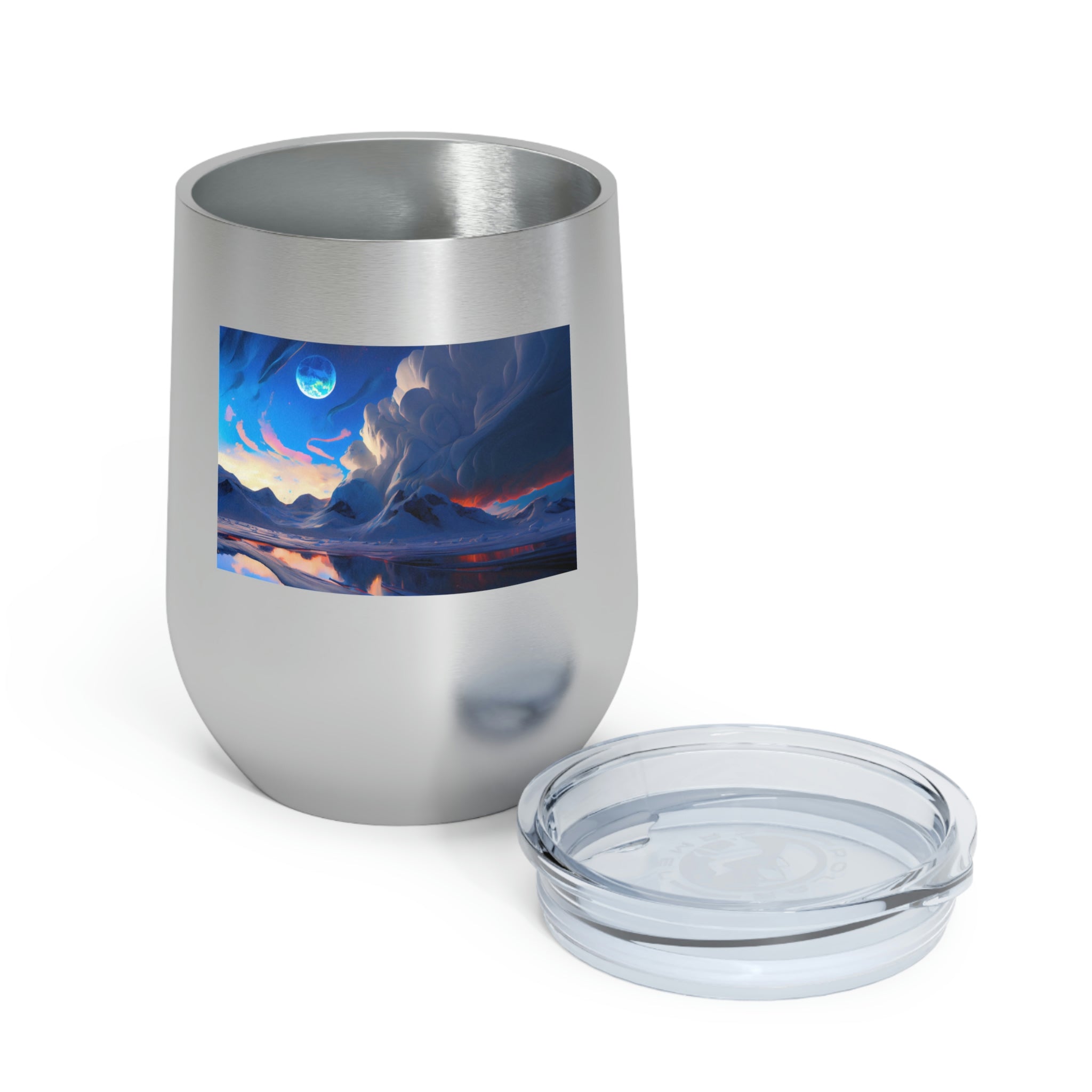 Arctic Wine Tumbler in stainless steel with clear lid, showcasing its sleek design and double insulation for hot and cold beverages.