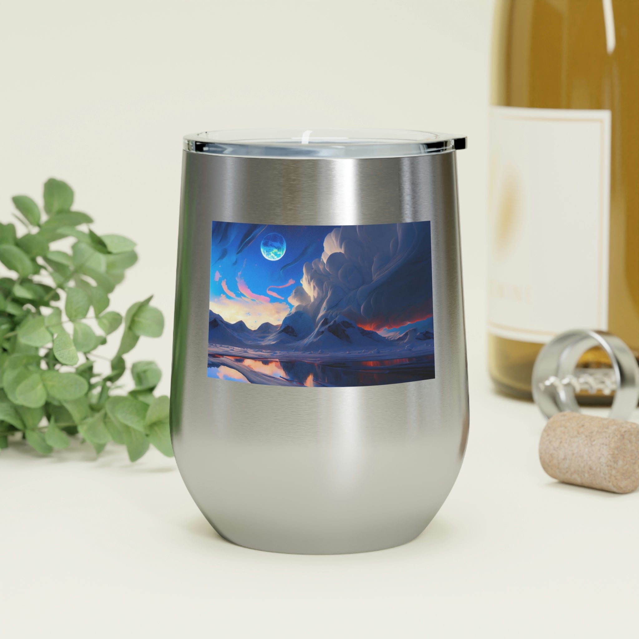 Arctic Wine Tumbler in stainless steel with clear lid, showcasing its sleek design and double insulation for hot and cold beverages.