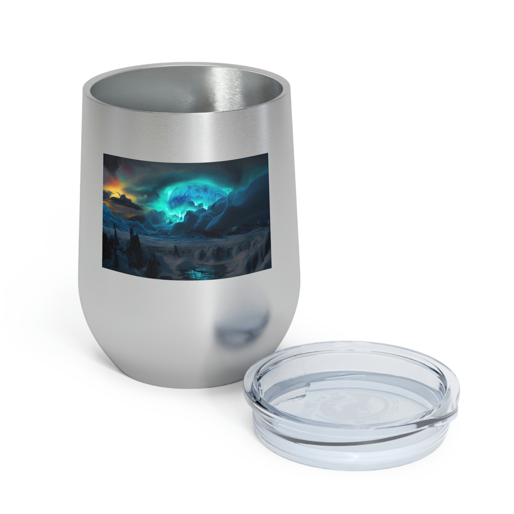 Arctic Wine Tumbler in stainless steel with a clear lid, showcasing its sleek design and double insulation for hot and cold beverages.