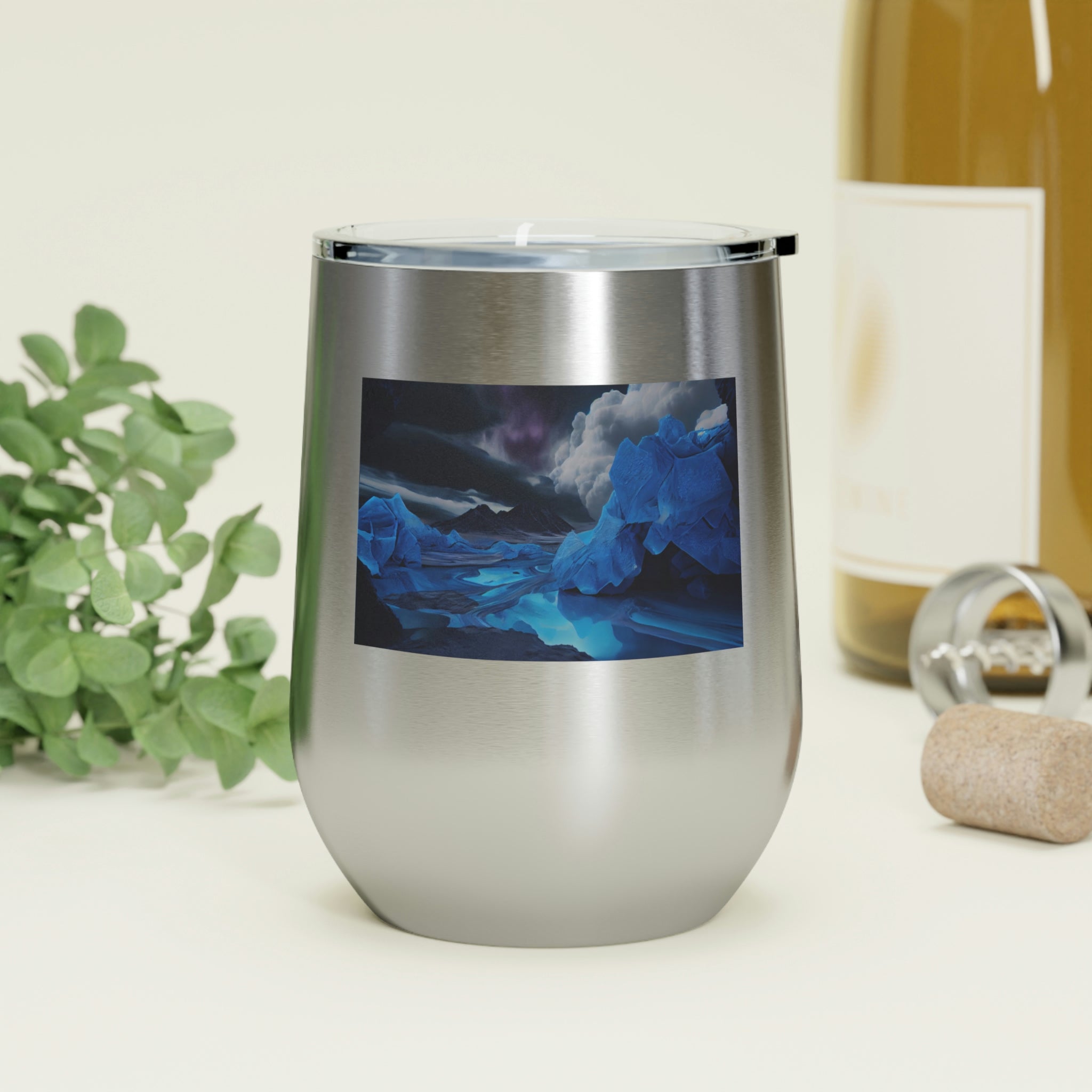 Arctic Wine Tumbler in stainless steel with a clear lid, showcasing its sleek design and double-wall insulation.