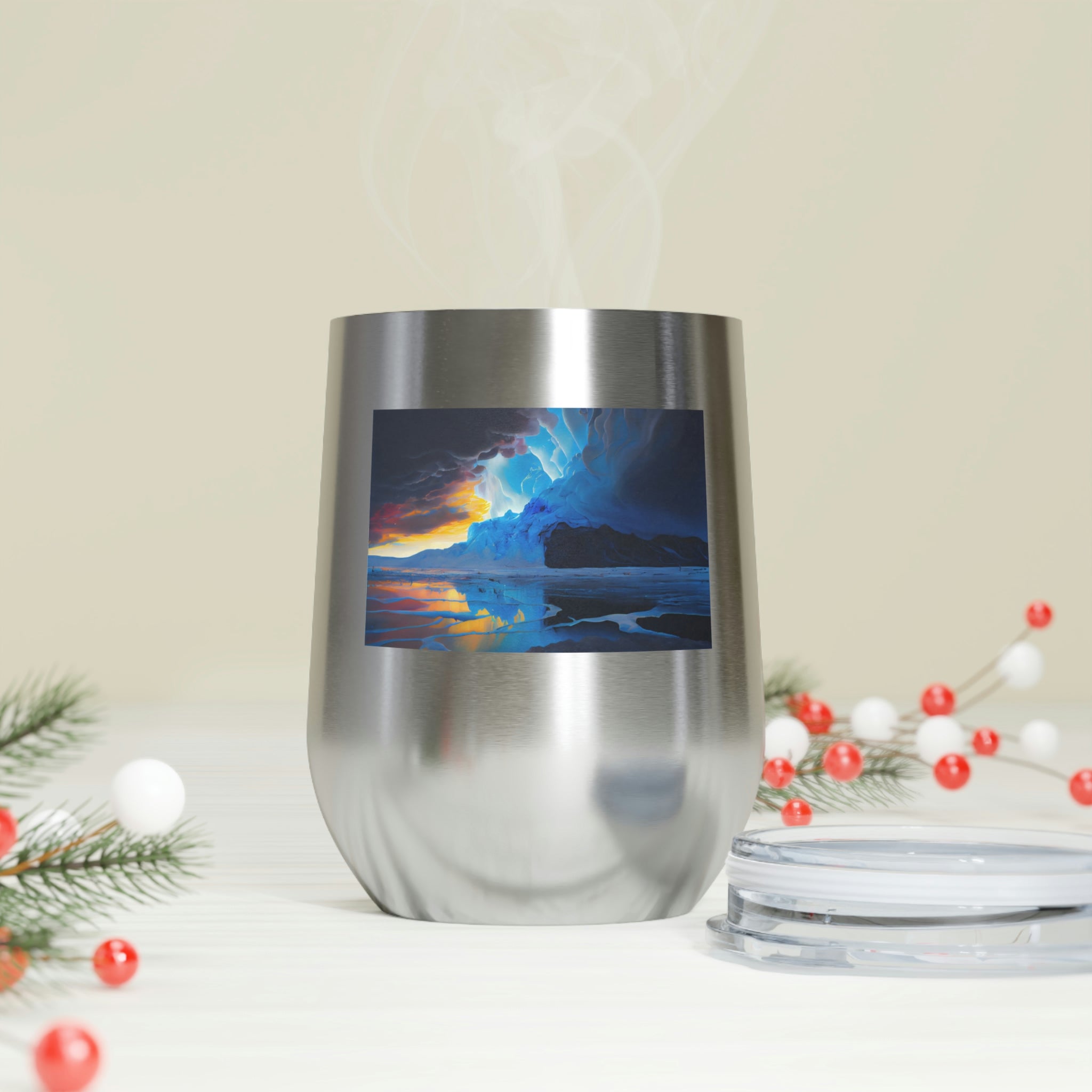 Arctic Wine Tumbler in stainless steel with a clear lid, showcasing its sleek design and double insulation for hot and cold beverages.