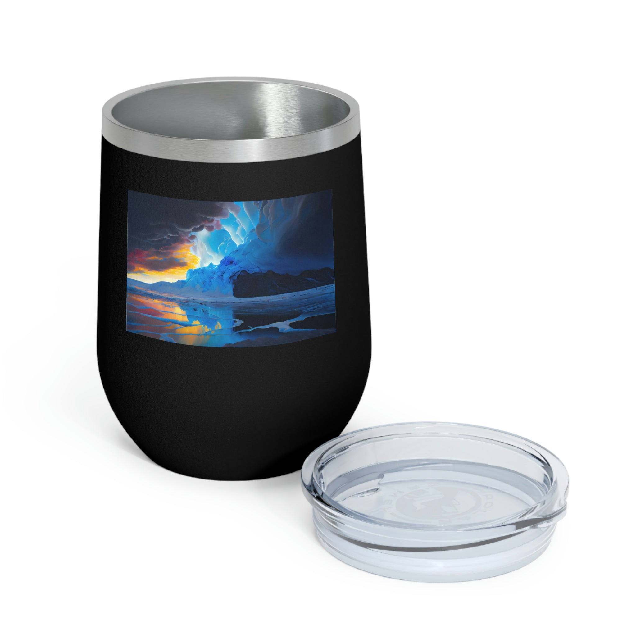 Arctic Wine Tumbler in stainless steel with a clear lid, showcasing its sleek design and double insulation for hot and cold beverages.