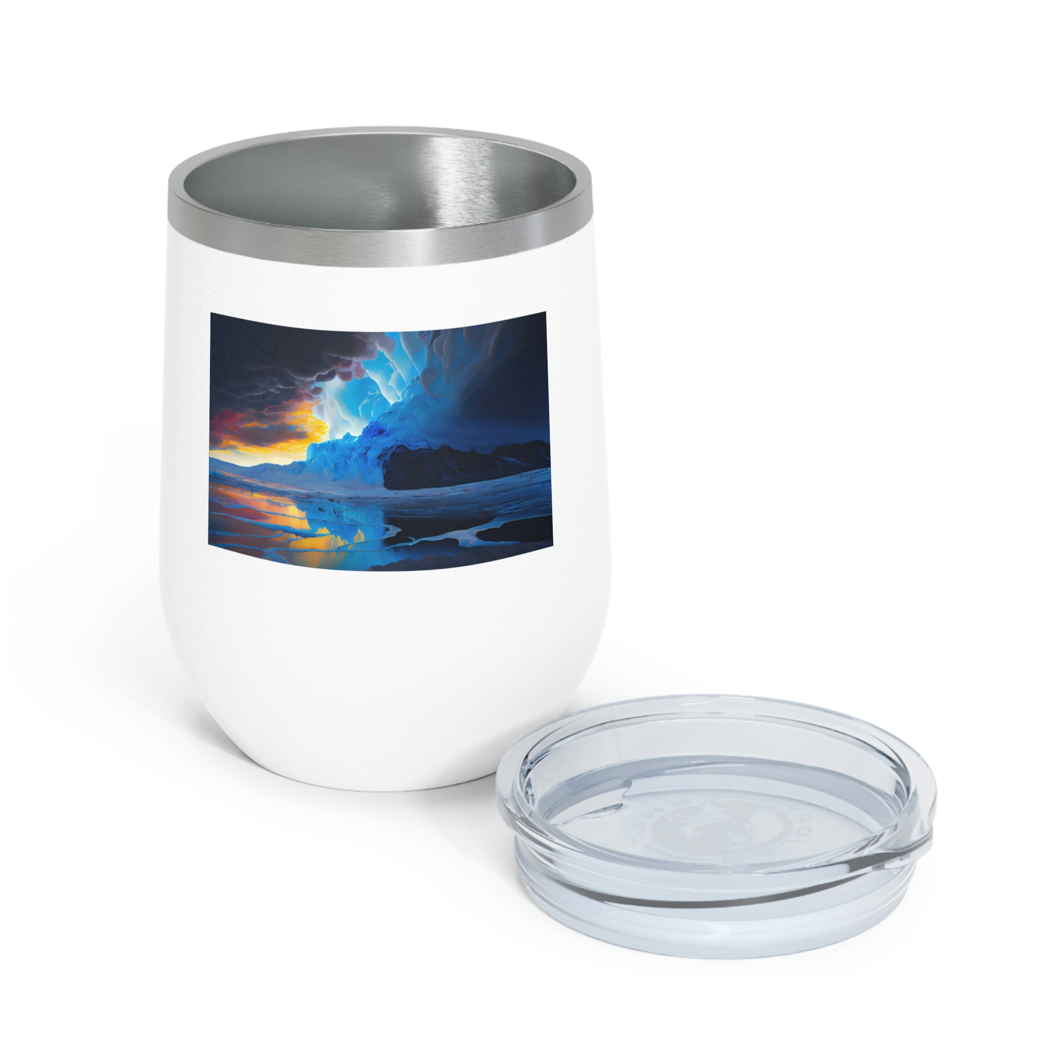 Arctic Wine Tumbler in stainless steel with a clear lid, showcasing its sleek design and double insulation for hot and cold beverages.