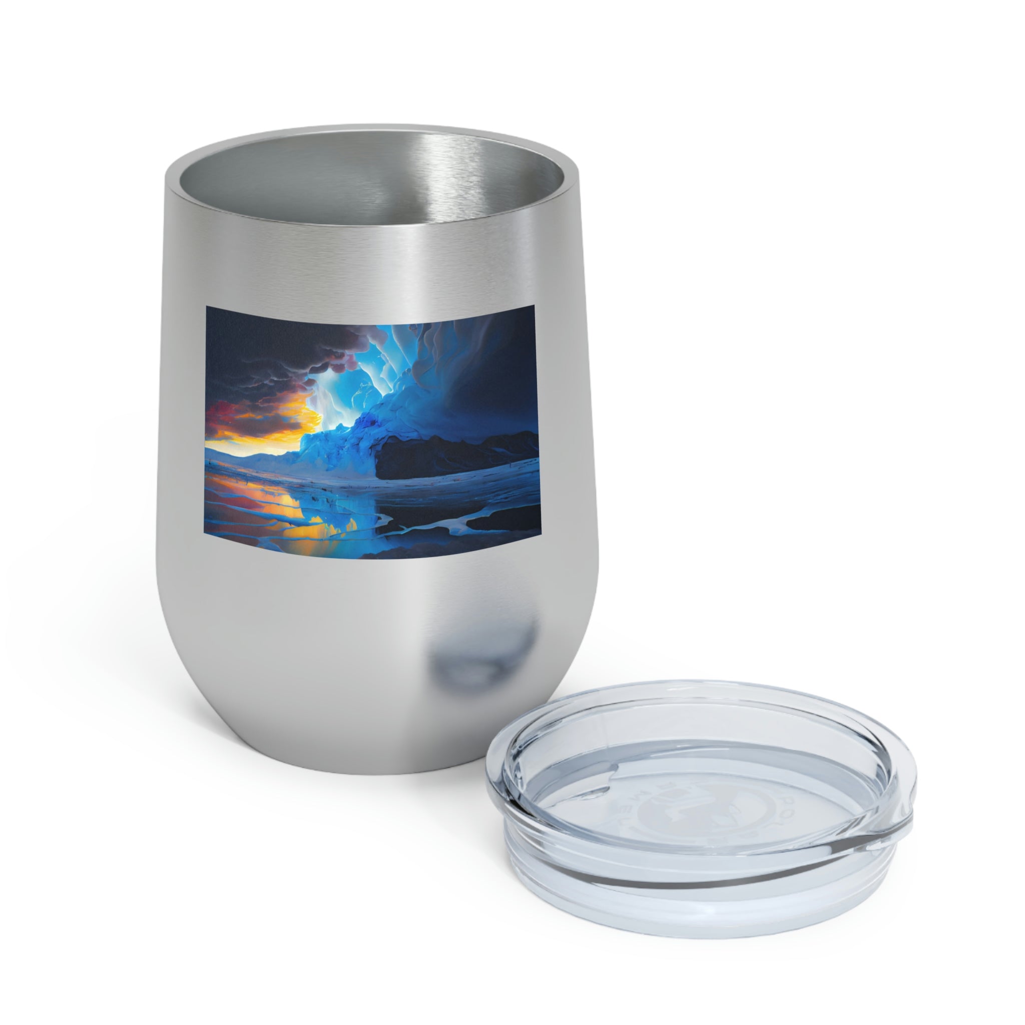 Arctic Wine Tumbler in stainless steel with a clear lid, showcasing its sleek design and double insulation for hot and cold beverages.