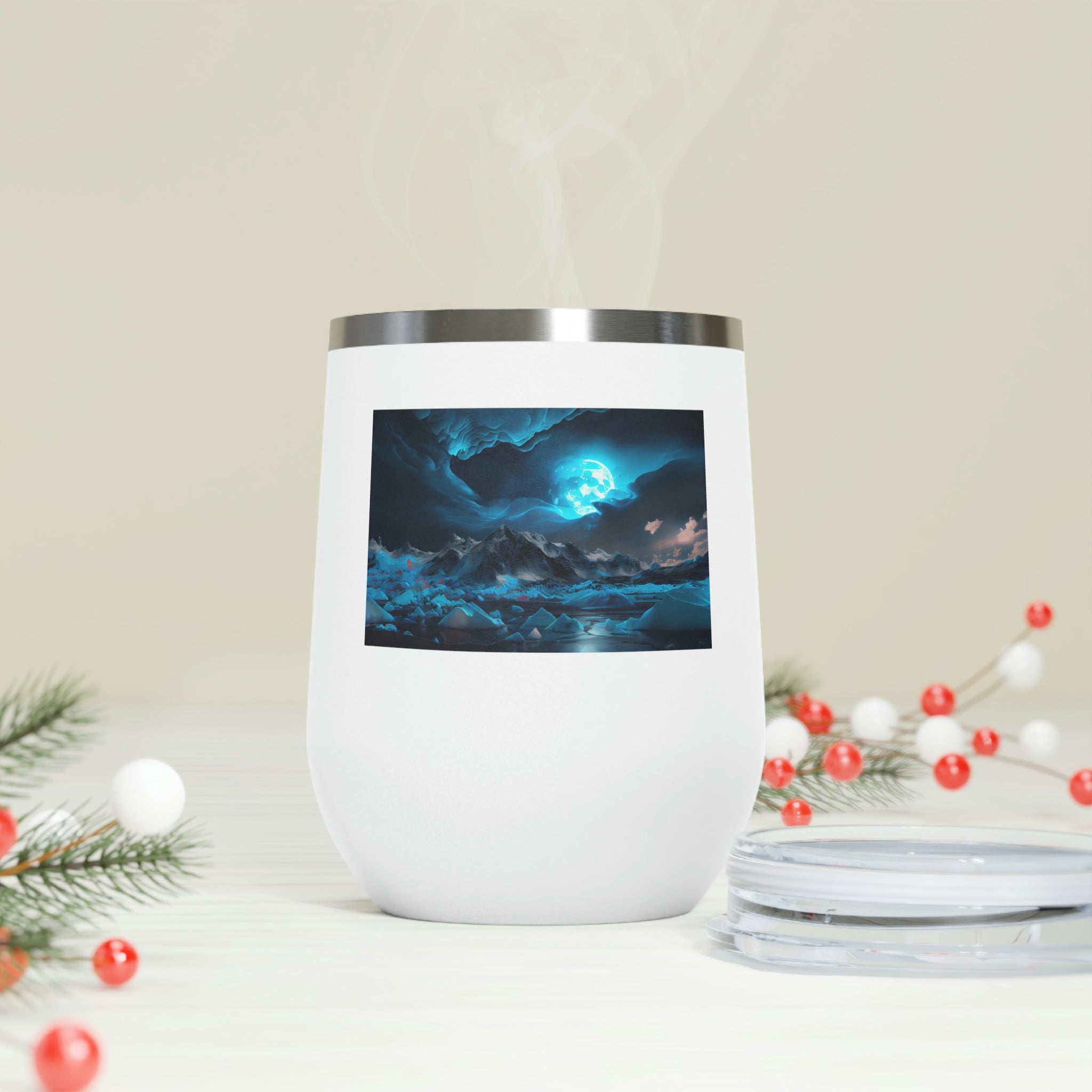 Arctic Wine Tumbler in stainless steel with a clear plastic lid, showcasing its stylish design and double insulation features.